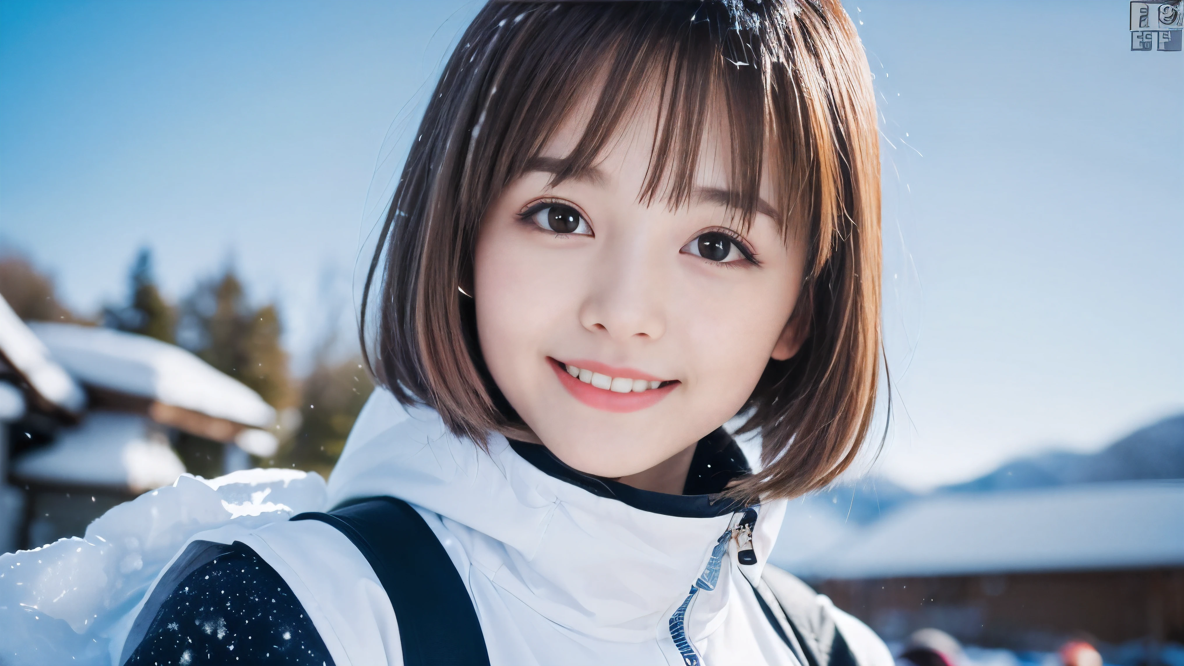 (Face shot of one slender small breasts round face brown short hair with bangs girl in long sleeve and long pants colorful snow board wear without logo:1.5)、(One girl is playing snow board with a show face and a small smile :1.5)、(Snow Ski Garden:1.5)、(Beautiful blue sky 1.5)、(No mask:1.3)、(blurred background:1.5)、(Natural light:1.5)、(8k ultra detailed master piece:1.5)、(perfect anatomy:1.5)、(Photorealistic stick:1.5)、(Raw photo:1.3)、(highest quality:1.5)、(High resolution:1.3)、(Delicate and beautiful perfect face:1.3)、(Delicate and beautiful eye air skin:1.3)、(Real Human Skin:1.3)、((thin legs))