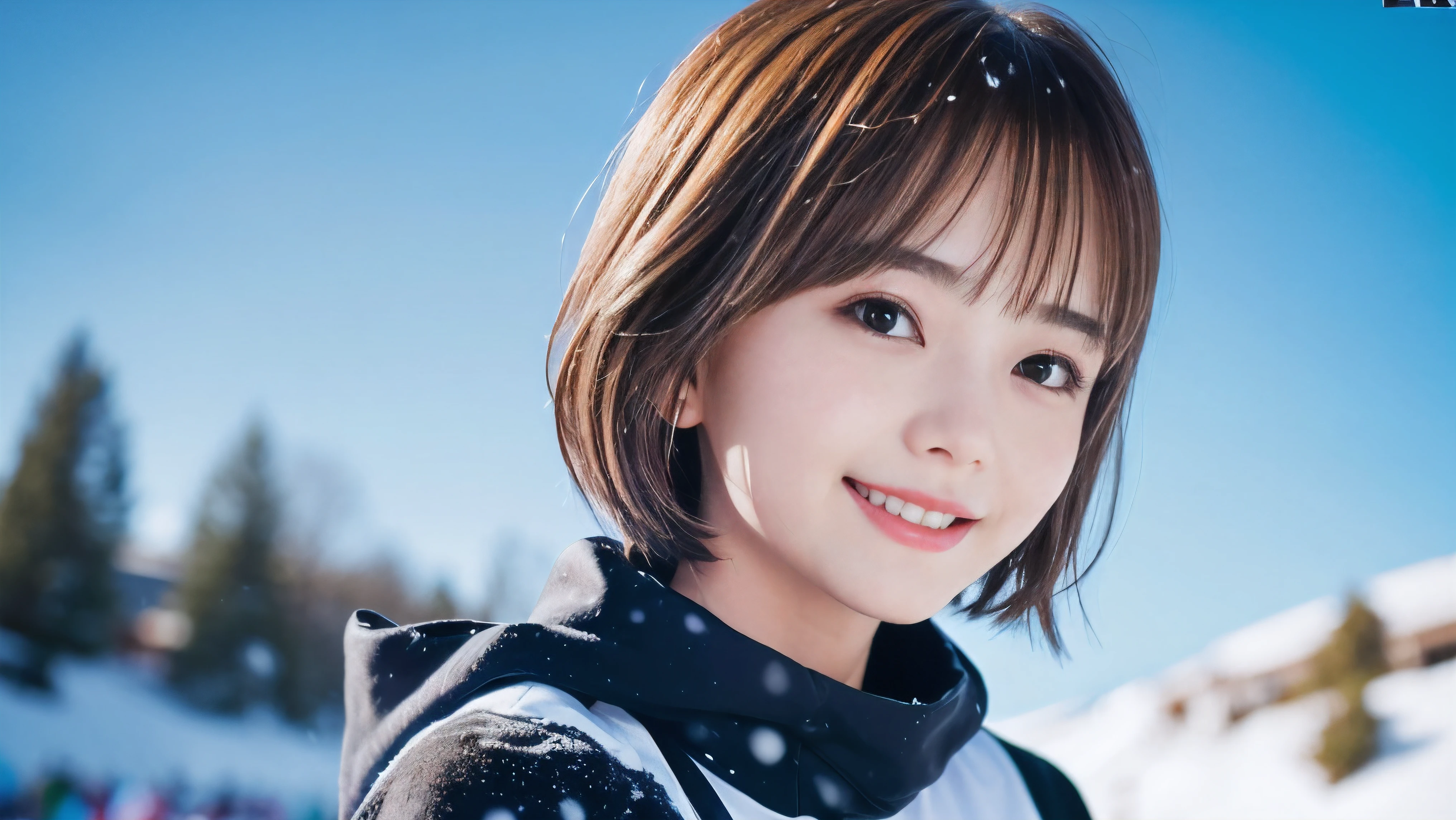 (Face shot of one slender small breasts round face brown short hair with bangs girl in long sleeve and long pants colorful snow board wear without logo:1.5)、(One girl is playing snow board with a show face and a small smile :1.5)、(Snow Ski Garden:1.5)、(Beautiful blue sky 1.5)、(No mask:1.3)、(blurred background:1.5)、(Natural light:1.5)、(8k ultra detailed master piece:1.5)、(perfect anatomy:1.5)、(Photorealistic stick:1.5)、(Raw photo:1.3)、(highest quality:1.5)、(High resolution:1.3)、(Delicate and beautiful perfect face:1.3)、(Delicate and beautiful eye air skin:1.3)、(Real Human Skin:1.3)、((thin legs))