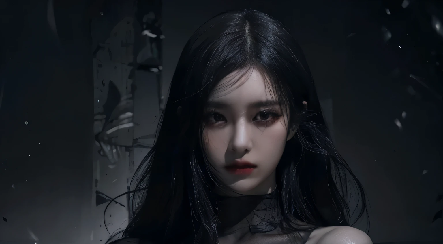 (best quality, highres:1.2), realistic, black dress, black hair, dark theme, black background, intense gaze, elegant posture, flowing dress, detailed facial features, long eyelashes, pale skin, contrast, fine details, dramatic atmosphere, gothic style, intense emotions, monochrome color palette, captivating setting, haunting beauty, artistic photography, everything is black