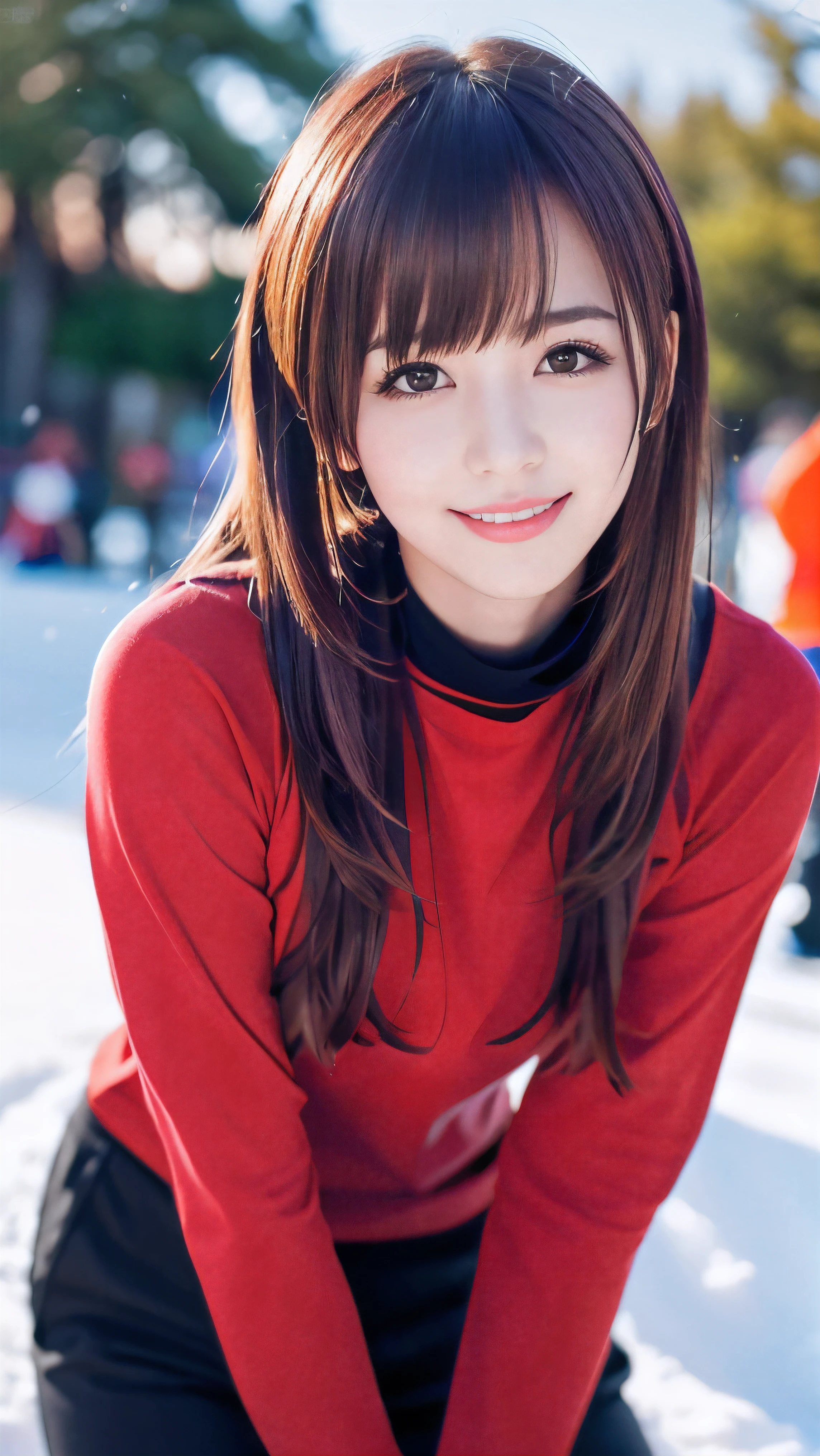 (Face shot of one slender small breasts maroon twin tailed long hair with bangs between eyes girl in  long sleeve and long pants colorful snow board wear without logo:1.5)、(One girl is playing snow board with a show face and a small smile :1.5)、(Snow Ski Garden:1.5)、(Beautiful blue sky 1.5)、(No mask:1.3)、(blurred background:1.5)、(Natural light:1.5)、(8k ultra detailed master piece:1.5)、(perfect anatomy:1.5)、(Photorealistic stick:1.5)、(Raw photo:1.3)、(highest quality:1.5)、(High resolution:1.3)、(Delicate and beautiful perfect face:1.3)、(Delicate and beautiful eye air skin:1.3)、(Real Human Skin:1.3)、((thin legs))