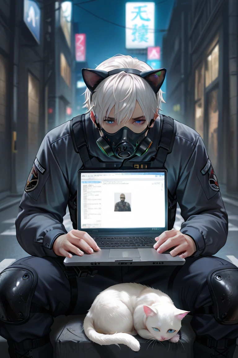 masterpiece, best quality, detailed eyes, semi realistic, 8k, man, tactical, black military suit, wearing black half gas mask, using laptop, night Urban warfare, strict face, short white hair, deep blue eye, white cat ears, white cat tail, solo character, no cat
