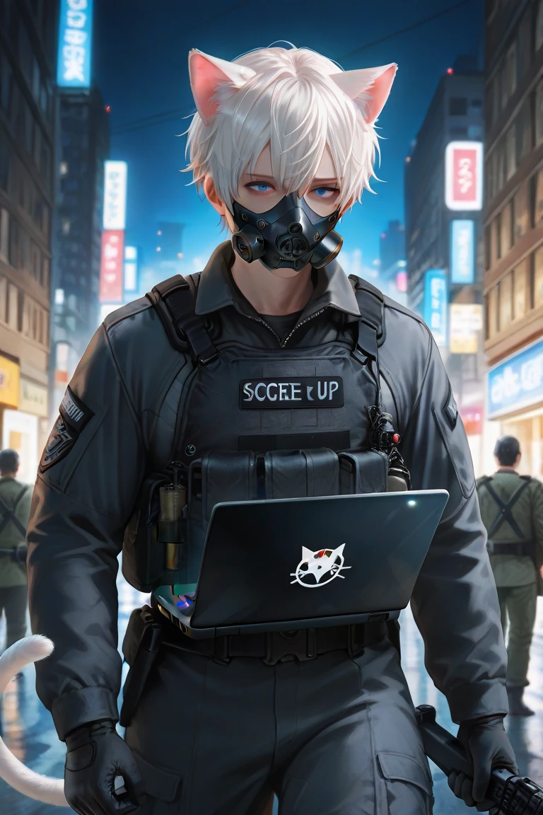 masterpiece, best quality, detailed eyes, semi realistic, 8k, man, tactical, black military suit, wearing black half gas mask, holding black laptop, night Urban warfare, strict face, short white hair, deep blue eye, white cat ears, white cat tail, solo character
