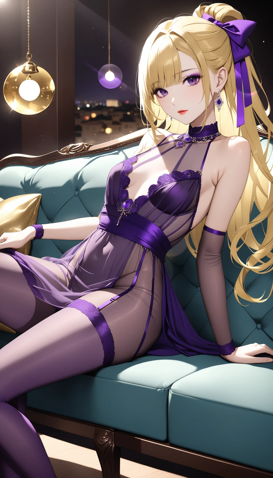 Absurd, Super detailedな,(In 8K:1.3),Masseter muscle area,(masterpiece:1.2)、(Highest quality)、4K、Super detailed、(Movement Structure:1.4)、(Shining Lights、Atmosphere lighting), High resolution, Best Quality、(One girl:1.4),Super detailedな,Bright colors、Treebreak Production Art、(Warm color light source:1.2),High-level image quality、Fine image quality、Intricate details,Volumetric Lighting,Realism BREAK、Profile、 Idol face、、Very beautiful face and eyes, Beautiful images、natural make up、 big eyes, (Big Tits:1.2)、(curvy body:1.1)、(glossy skin :1.5)、(Baby Face:1.5)、 (Candlelit bathroom) 、blonde hair,short hair:1.3)、 (Purple、detailed clothes features、lingerie:1.4)、(stockings)、 (shy, embarrassed:1.2)、(looking back:1.3),(stick out butt :1.2)、(from behind:1.2)、full-body shot、(nice butt:1.2)、panties under pantyhose