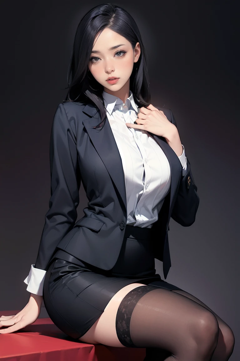girl, beautiful, slender, sexy, fifth breast size, makeup, choker, classic shirt, unbuttoned top buttons, unbuttoned women's blazer, skirt, stockings, shirt tucked into a skirt,