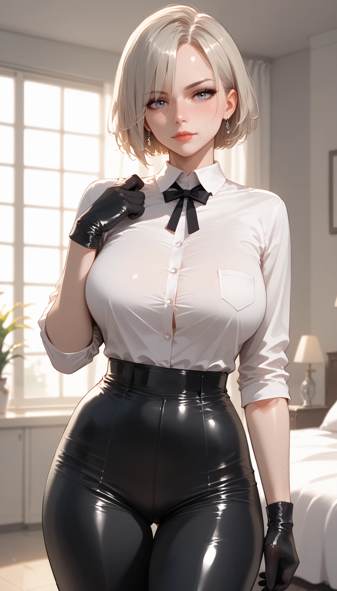 8k, high resolution, masterpiece, illustration, extreme details, mature, gray short hair, gray eyes, large breast, sexy, slim, business attire, necktie, white polo with black coat, black pants, professional, serious expression, eyeliner