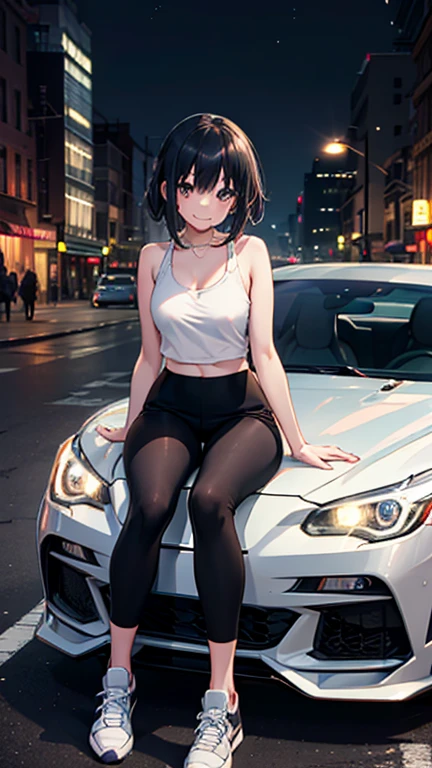 anime style, A beautiful girl, sitting on the hood of a sports car. She has black hair, big bright eyes, and she smiles shyly. She is wearing a tight gray tank top, with short black pants, and white sneakers. The background of the image depicts a nighttime cityscape, showing the bustling city life. Lights can be seen illuminating buildings and street signs in the distance.