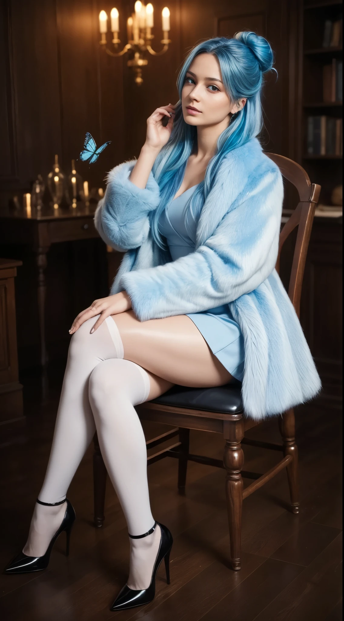 (best_quality, masterpiece:1.2), (highly detailed), (4k, 8k, uhd, high_resolution, highres), girl, sitting, on chair, fur coat, (thick thigh), heel pumps, dark wood fluffy chair, ornate carving, long hair, looking at viewer, surrounded by butterflies, professional studio lighting, masterpiece, best quality, aesthetic, absurdres, highres, shiny skin, blue hair, light blue hair, single-hairbun, holding own hair, white thighhighs,