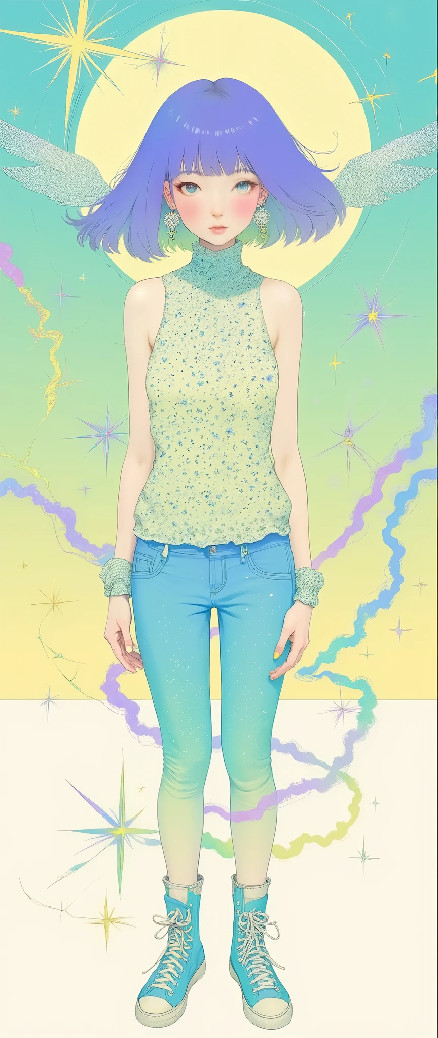 Masterpiece, illustration, Japanese women are wearing pop t-shirts, psychedelic ,Neon Art,Avant-garde,Vector art