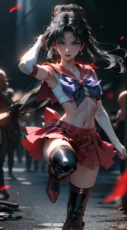 (quality)), ((masterpiece)), Recommended results、Puffy nipples、(see through:1.5)、straighten your back、abdominal muscles、huge bust、angle to floor:1.2、low camera angle、Hair loss on crotch,Hatsune Miku,1 girl,long hair, (高quality,8k,black hair, actual, 最好的quality,masterpiece,Super detailed, ridiculous)1.5,((Same 1, crown, sailor suit warrior, White gloves, Red sailor collar, red skirt)),night city,White gloves,Purple bow,purple eyes, (magical world,fire),High heel,