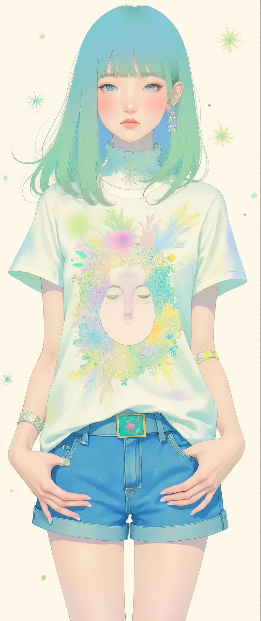 Masterpiece, illustration, Japanese women are wearing pop t-shirts, psychedelic ,Neon Art,Avant-garde,Vector art