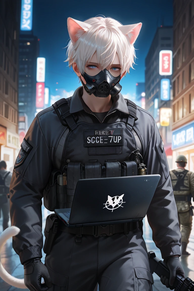 masterpiece, best quality, detailed eyes, semi realistic, 8k, man, tactical, black military suit, wearing black half gas mask, holding black laptop, night Urban warfare, strict face, short white hair, deep blue eye, white cat ears, white cat tail, solo character
