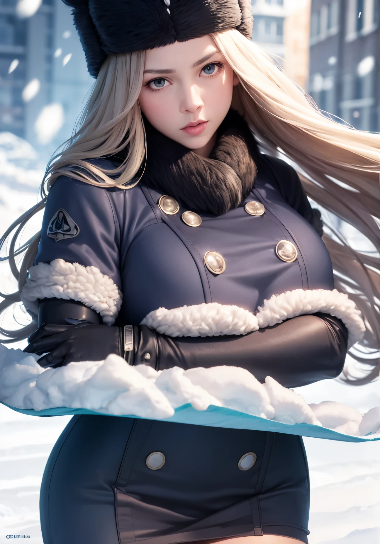 SF Colin, fur hat, black coat , elbow gloves, Miniskirt,black panchilla, huge breasts , upper body, snow, gray sky , Look at the Viewer , standing, An Unrivaled Masterpiece, Ultra-realistic 8k CG, clean, beautiful faces,