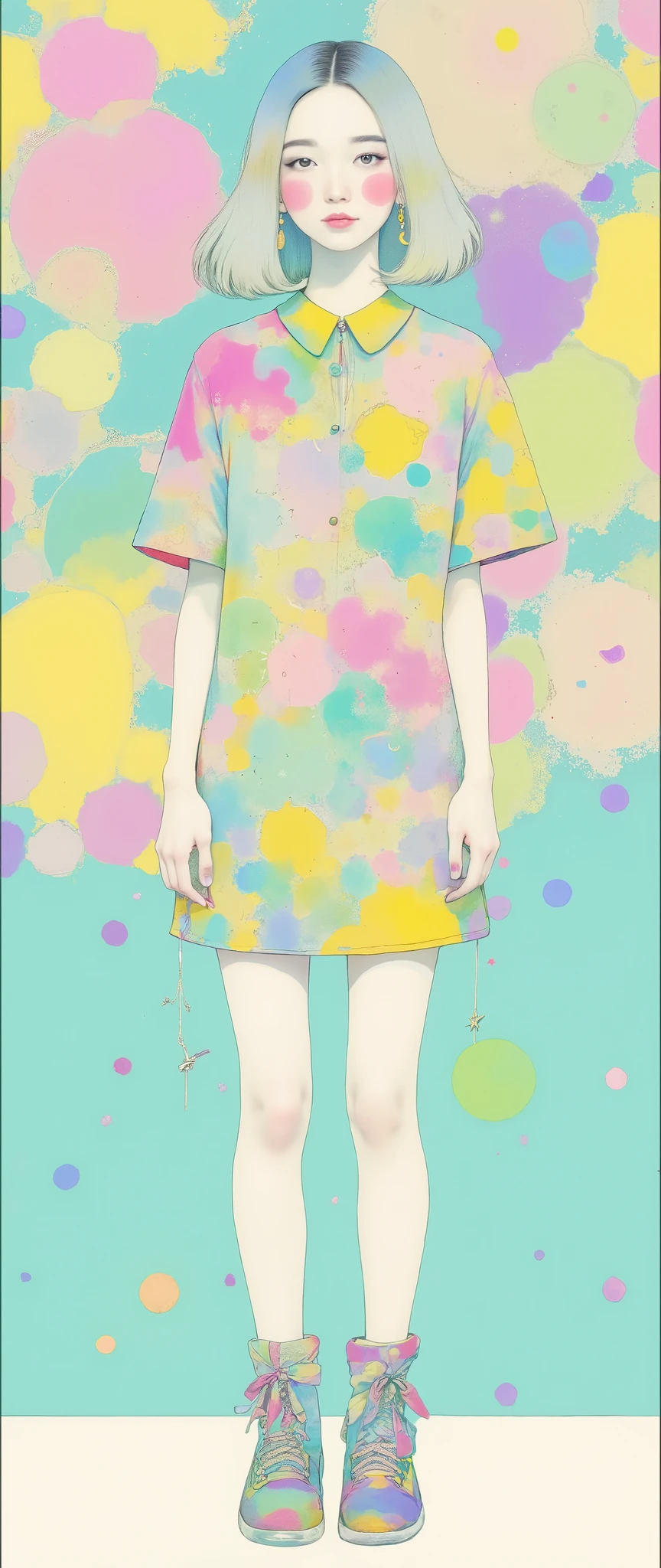 Masterpiece, illustration, Japanese women are wearing pop t-shirts, psychedelic ,Neon Art,Avant-garde,Vector art