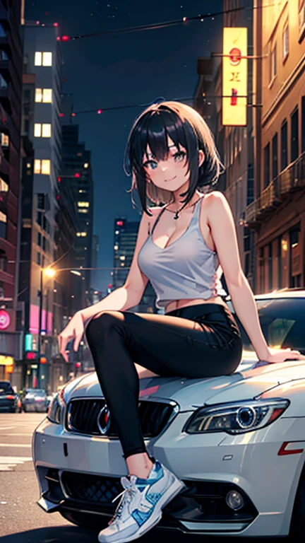 Anime style, A beautiful girl, sitting on the hood of a sports car. She has black hair, big bright eyes, and she smiles shyly. She is wearing a tight gray tank top with a cleavage detail, with short black pants, and white sneakers. The background of the image depicts a nighttime cityscape, showing the bustling city life. Lights can be seen illuminating buildings and street signs in the distance.