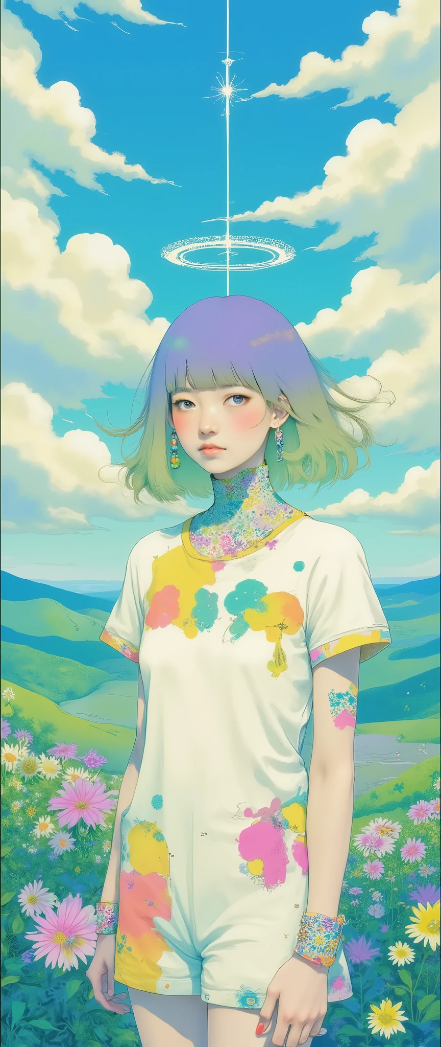 Masterpiece, illustration, Japanese women are wearing pop t-shirts, psychedelic ,Neon Art,Avant-garde,Vector art