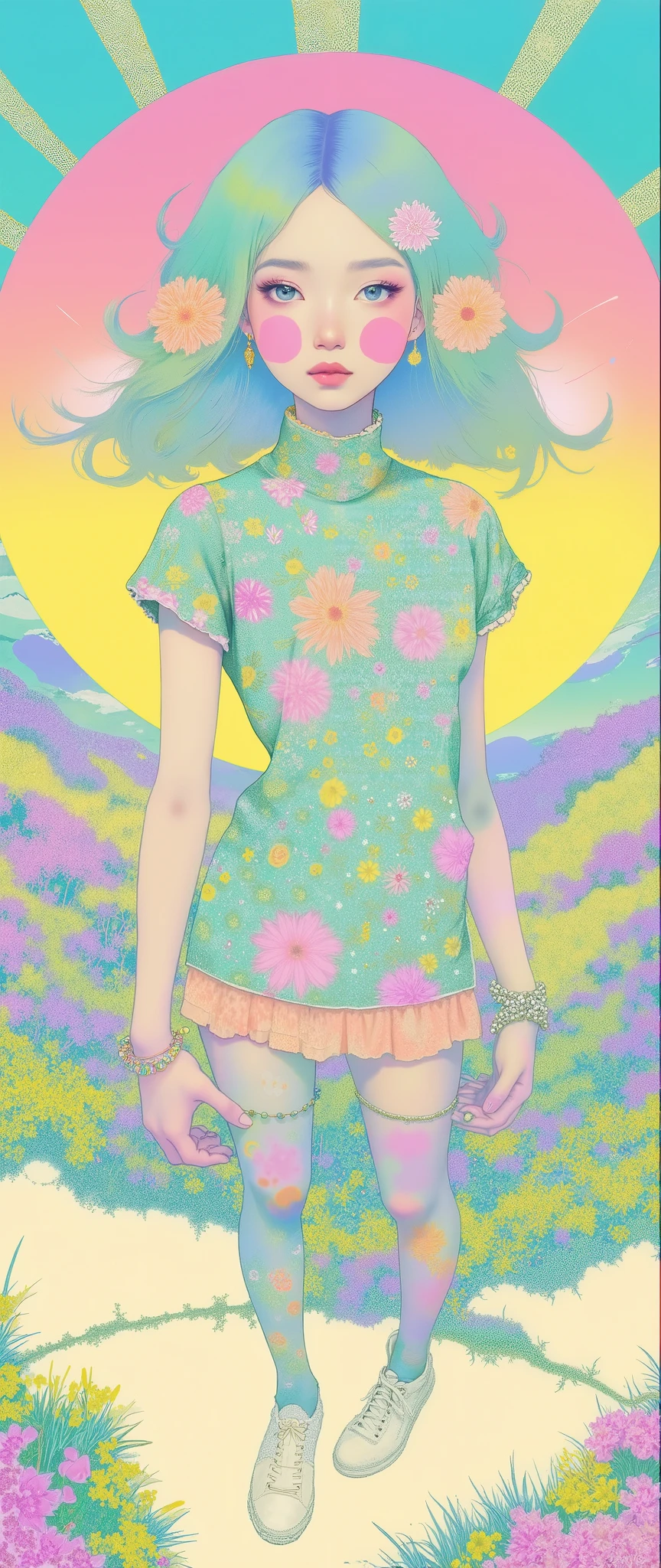 Masterpiece, illustration, Japanese women are wearing pop t-shirts, psychedelic ,Neon Art,Avant-garde,Vector art