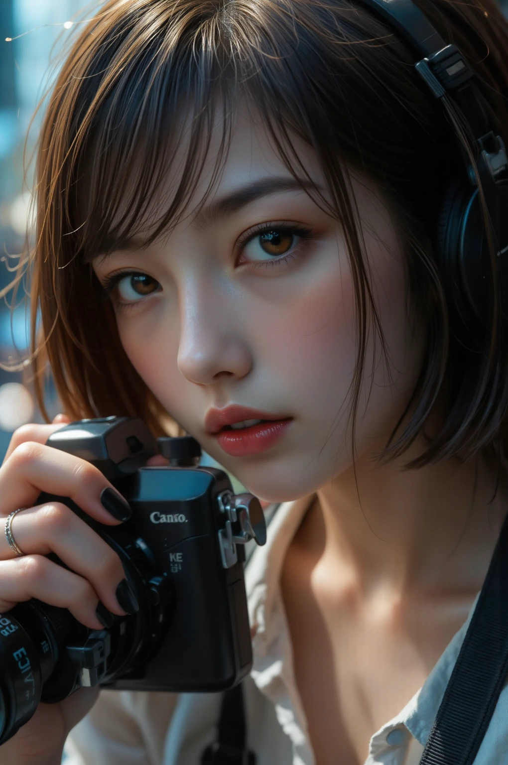 Half of a woman's face、focus on her eye,very closed up her face,boyish girl with short hair, black hair, detail eyes, nose, lips and, Plain clothing,Half of a woman's face while holding a camera , camera( top quality ,4K,8k, high resolution,masterpiece:1.2), ultra detail,high resolution, Studio Lighting , very detailed face and body , Portrait, cinematic lighting ,Dramatic lighting,Warm tones,Dramatic Colors,illustration, Dark colors, stylish anime ,