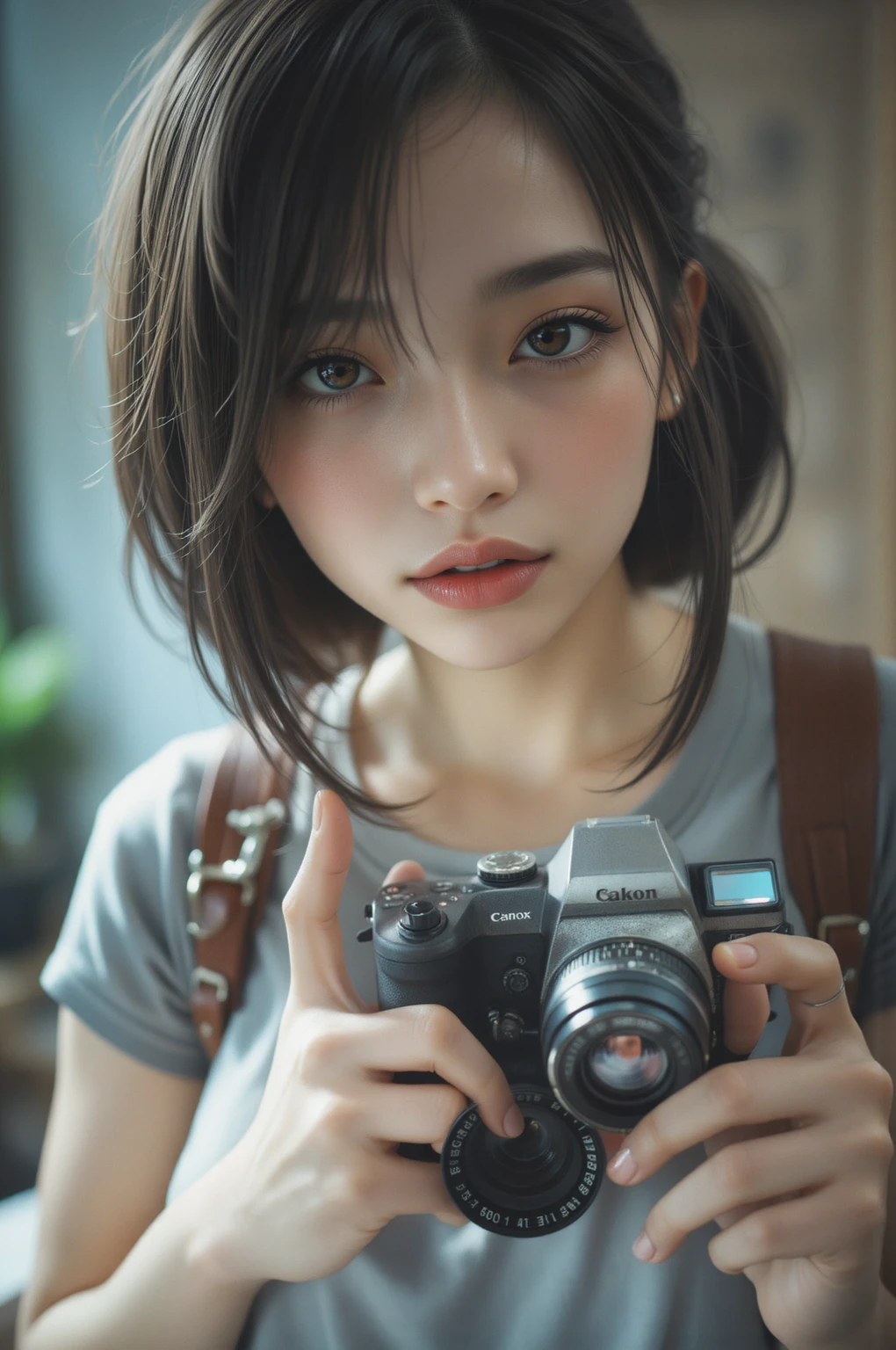 Half of a woman's face、focus on her eye,very closed up her face,boyish girl with short hair, black hair, detail eyes, nose, lips and, Plain clothing,Half of a woman's face while holding a camera , camera( top quality ,4K,8k, high resolution,masterpiece:1.2), ultra detail,high resolution, Studio Lighting , very detailed face and body , Portrait, cinematic lighting ,Dramatic lighting,Warm tones,Dramatic Colors,illustration, Dark colors, stylish anime ,