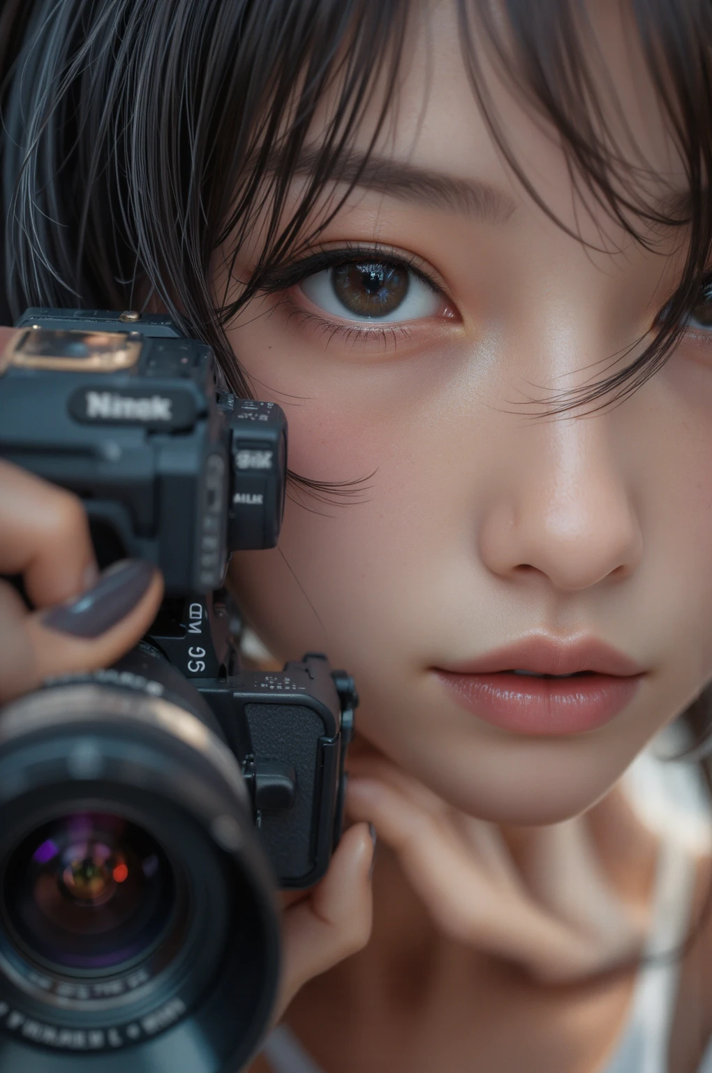 Half of a woman's face、focus on her eye,very closed up her face,boyish girl with short hair, black hair, detail eyes, nose, lips and, Plain clothing,Half of a woman's face while holding a camera , camera( top quality ,4K,8k, high resolution,masterpiece:1.2), ultra detail,high resolution, Studio Lighting , very detailed face and body , Portrait, cinematic lighting ,Dramatic lighting,Warm tones,Dramatic Colors,illustration, Dark colors, stylish anime ,