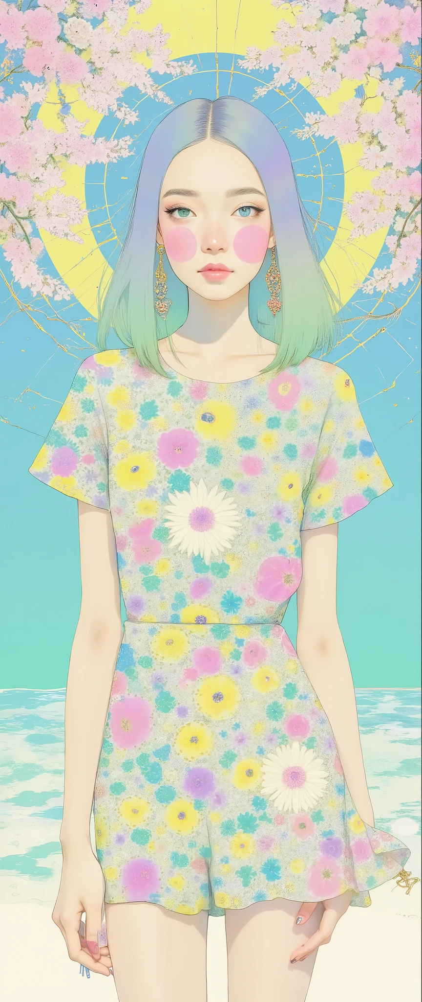 Masterpiece, illustration, Japanese women are wearing pop t-shirts, psychedelic ,Neon Art,Avant-garde,Vector art