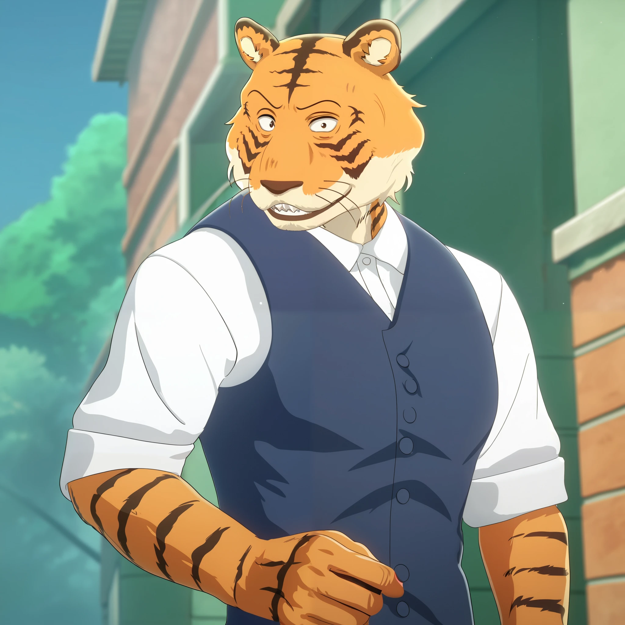 score_9_up, score_8_up, score_7_up, high quality, detailed, 1boy, source_anime, male, solo male, anthro, bengal tiger, tiger, beastars, broad shoulders, mature male, brown eyes, muscular male, athletic build, orange fur, black stripes, cream-colored underbelly, sharp teeth, blue vest, white long sleeve shirt, gray striped pants, smile, looking at viewer, half-body, bust shot, courtyard background, outdoors