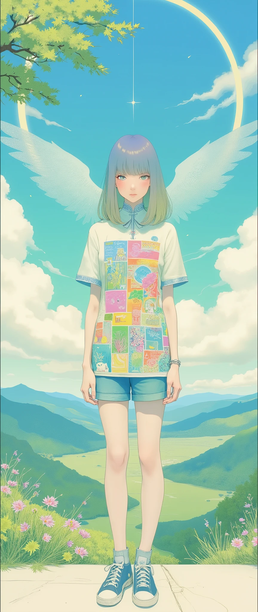 Masterpiece, illustration, Japanese women are wearing pop t-shirts, psychedelic ,Neon Art,Avant-garde,Vector art