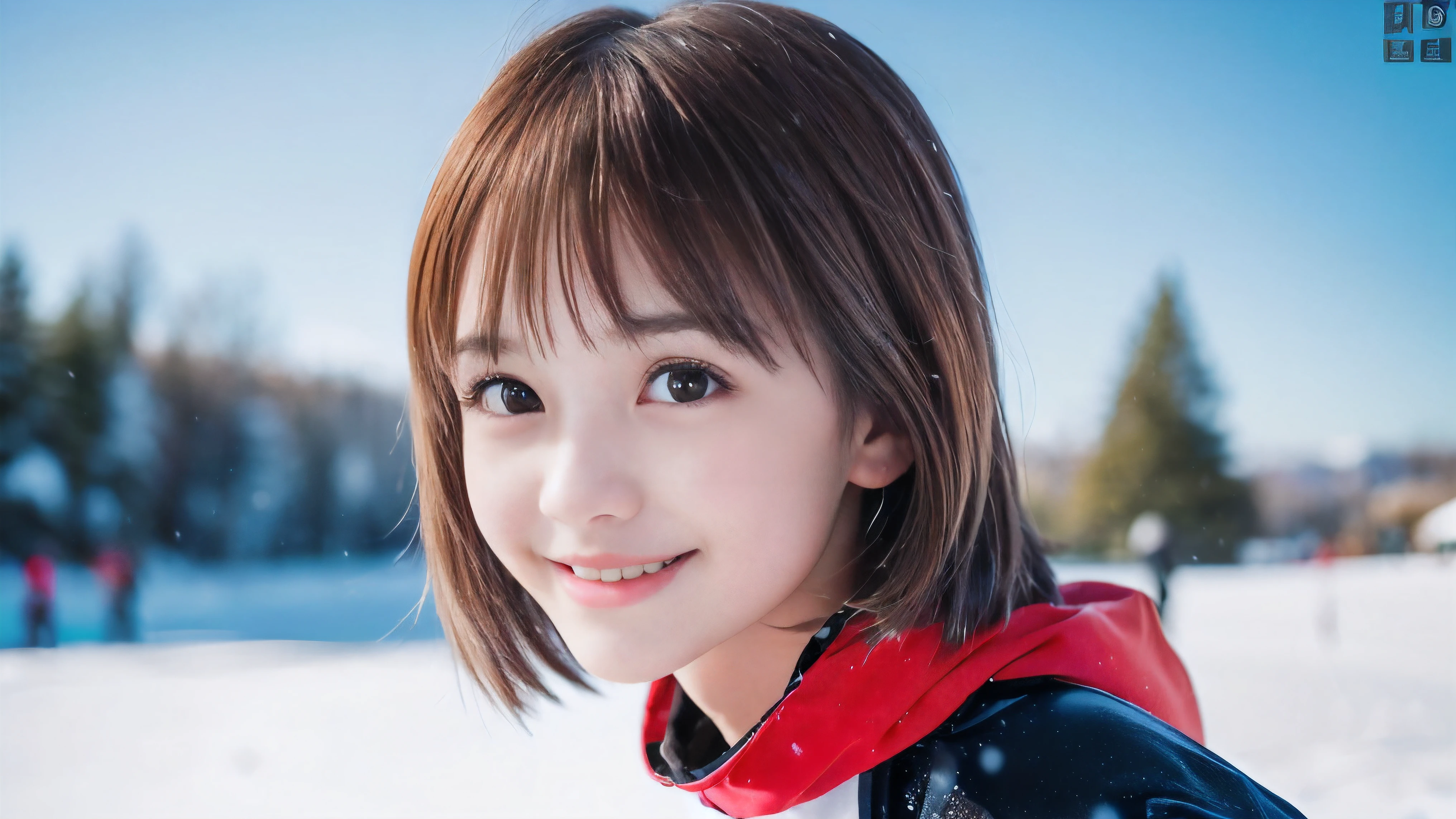 (Face shot of one slender small breasts round face brown short hair with bangs girl in long sleeve and long pants colorful snow board wear without logo:1.5)、(One girl is playing snow board with a show face and a small smile :1.5)、(Snow Ski Garden:1.5)、(Beautiful blue sky 1.5)、(No mask:1.3)、(blurred background:1.5)、(Natural light:1.5)、(8k ultra detailed master piece:1.5)、(perfect anatomy:1.5)、(Photorealistic stick:1.5)、(Raw photo:1.3)、(highest quality:1.5)、(High resolution:1.3)、(Delicate and beautiful perfect face:1.3)、(Delicate and beautiful eye air skin:1.3)、(Real Human Skin:1.3)、((thin legs))