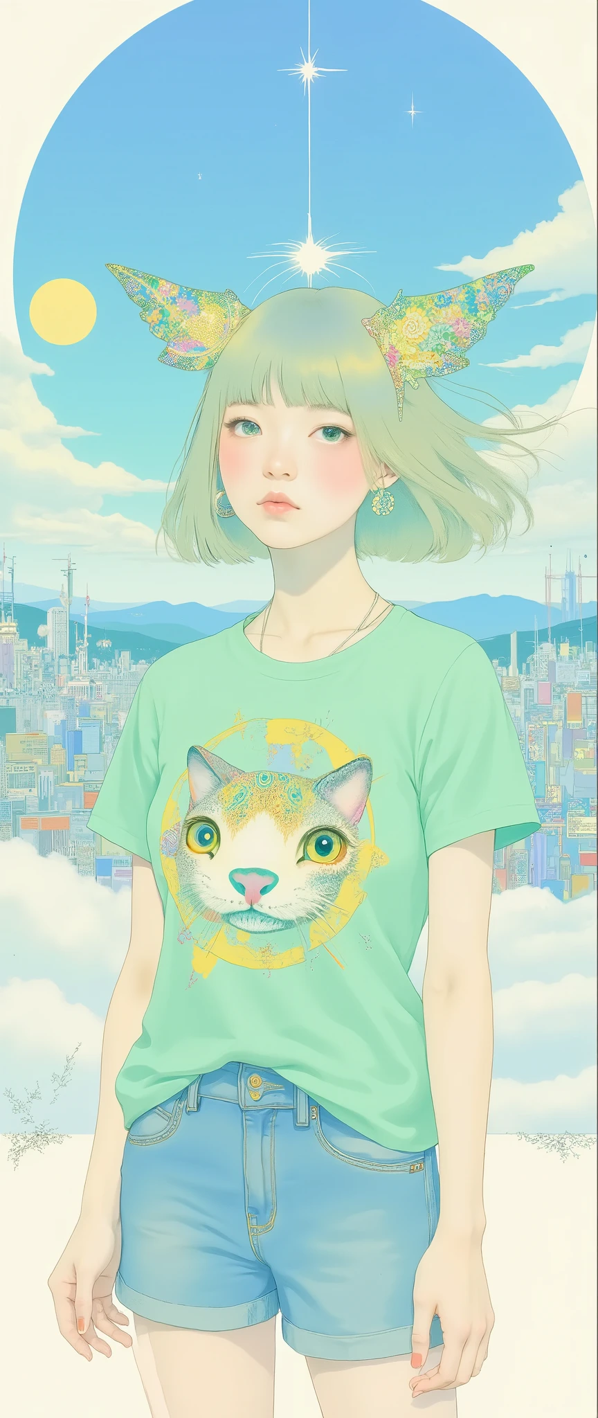 Masterpiece, illustration, Japanese women are wearing pop t-shirts, psychedelic ,Neon Art,Avant-garde,Vector art