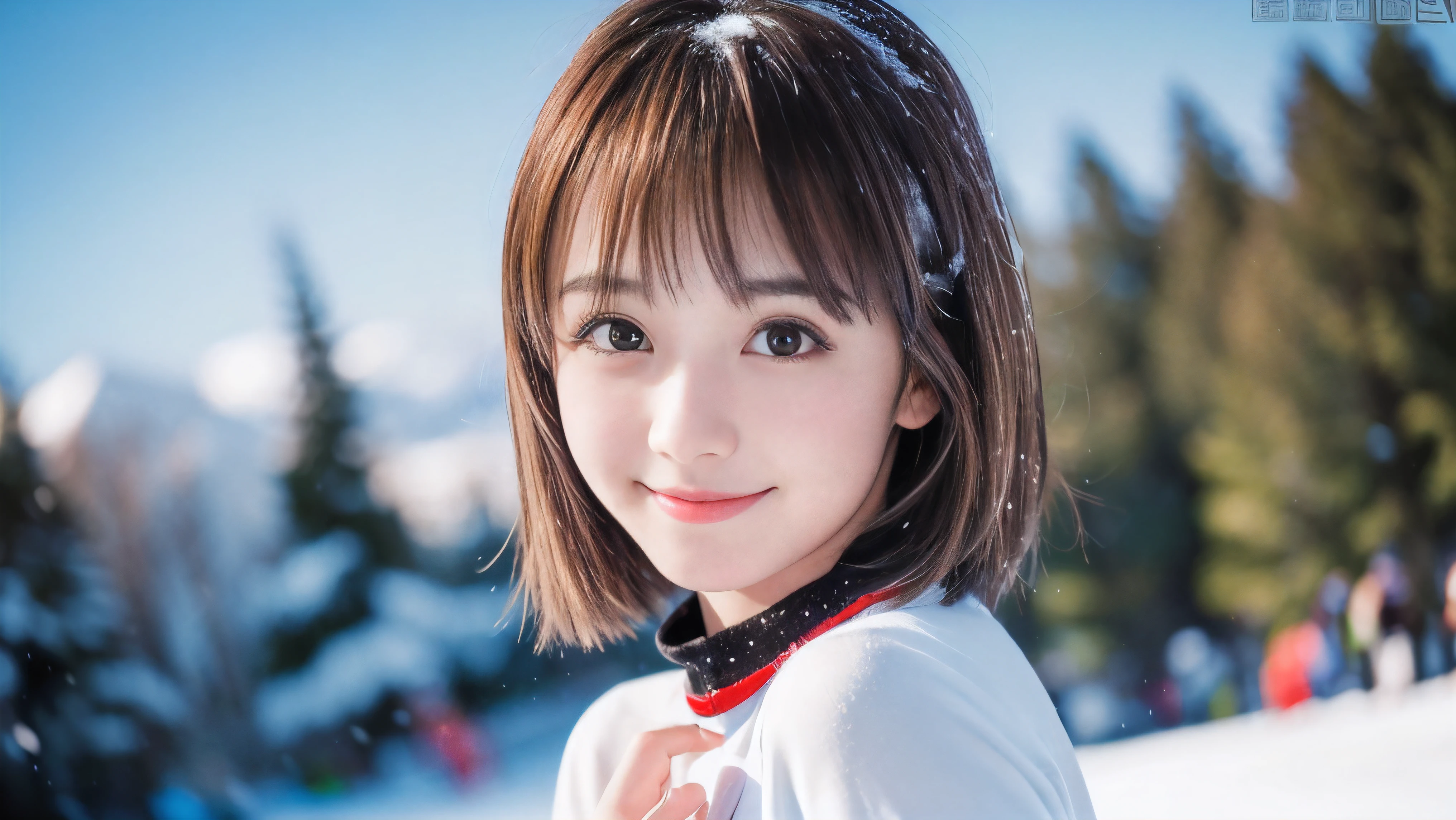 (Face shot of one slender small breasts round face brown short hair with bangs girl in long sleeve and long pants colorful snow board wear without logo:1.5)、(One girl is playing snow board with a show face and a small smile :1.5)、(Snow Ski Garden:1.5)、(Beautiful blue sky 1.5)、(No mask:1.3)、(blurred background:1.5)、(Natural light:1.5)、(8k ultra detailed master piece:1.5)、(perfect anatomy:1.5)、(Photorealistic stick:1.5)、(Raw photo:1.3)、(highest quality:1.5)、(High resolution:1.3)、(Delicate and beautiful perfect face:1.3)、(Delicate and beautiful eye air skin:1.3)、(Real Human Skin:1.3)、((thin legs))