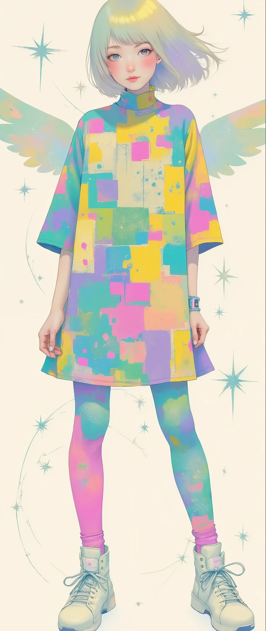 Masterpiece, illustration, Japanese women are wearing pop t-shirts, psychedelic ,Neon Art,Avant-garde,Vector art