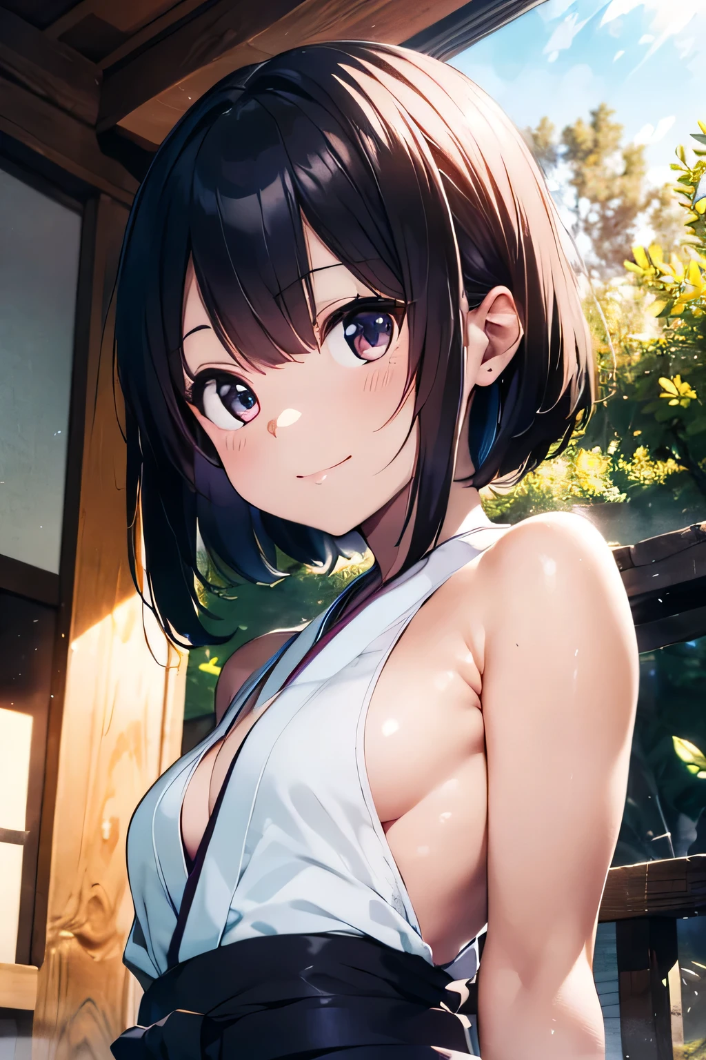 (extremely high quality artwork), (extremely detailed CG 8k), (masterpiece) ,(extremely cute girl), short, (innocent face), ((innocent smile)), shiny hair, (slim body), (small breasts), ((finely detailed beautiful eyes)), (eyes with brightness), look at viewer, ((nsfw)), ((japanese kimonos)), ((side boob)), ((no bra)), (((lower body is completely naked))), (((no panties))), beautiful skin, pale skin, shiny skin, (bright color), vibrant colors, natural light, (glare), outdoors, uninhabited forest,