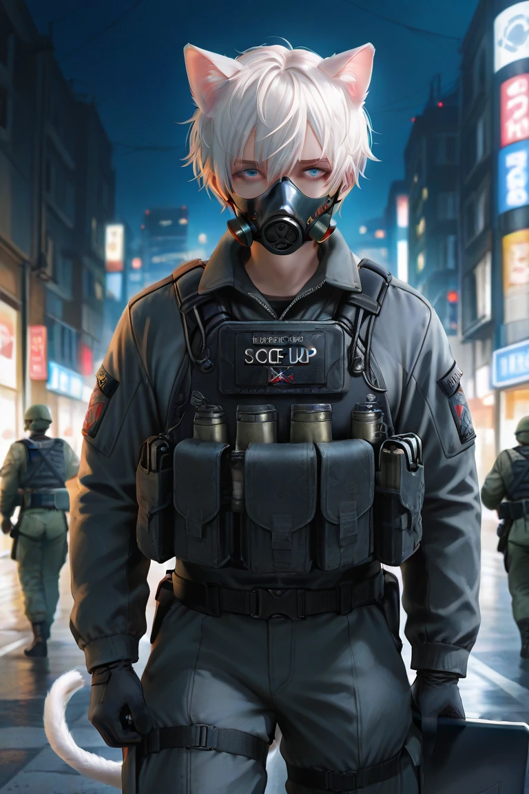 masterpiece, best quality, detailed eyes, semi realistic, 8k, man, tactical, black military suit, wearing black half gas mask, holding black laptop, night Urban warfare, strict face, short white hair, deep blue eye, white cat ears, white cat tail, solo character
