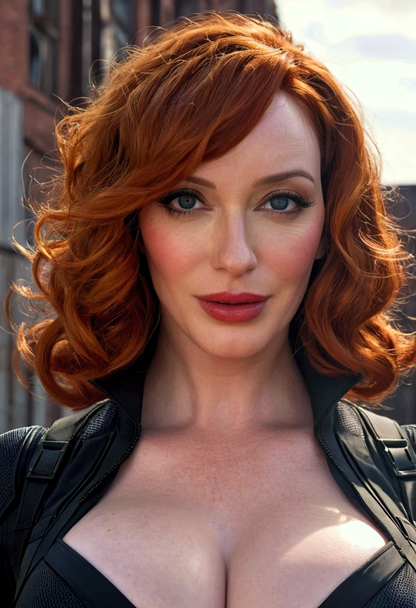 48 year old Christina Hendricks playing the role as the fictional character of Natasha Romanoff/Black Widow in the Marvel Cinematic Universe, pale skin, large breasts, huge bust, super detailed, beautiful and aesthetic, masterpiece, best quality, raw, super fine photo, best quality, super high resolution, photorealistic, sunlight, full body portrait, amazing beauty, dynamic pose, delicate face, vibrant eyes, (from the front), she is wearing a black widow suit, very detailed abandoned warehouse background, Detailed face, detailed complex busy background, messy, gorgeous, realistic skin details, visible pores, sharp focus, hoto realism, huge metropolis in future dystopia, seen from below, translucent, showing , (((nude, nipples, naked, big , big fake , sexy)))
