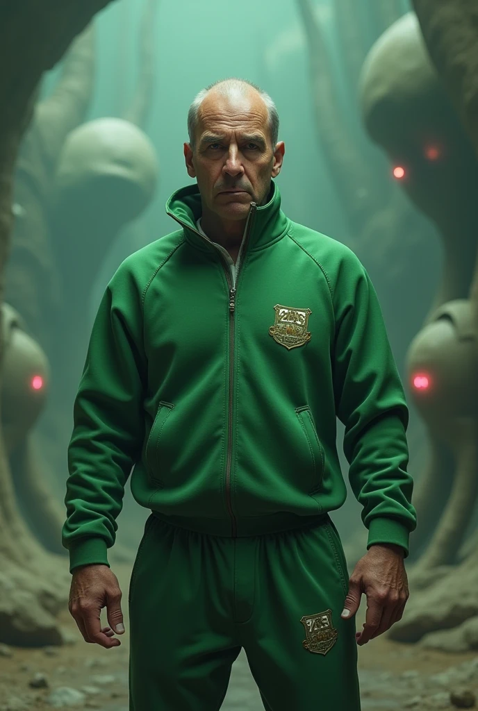 a man in a costume standing in front of a giant object , solo, looking at viewer, red eyes, 1boy, male focus, cape, colored sclera, science fiction, realistic, retro artstyle, bald, alien, spacesuit