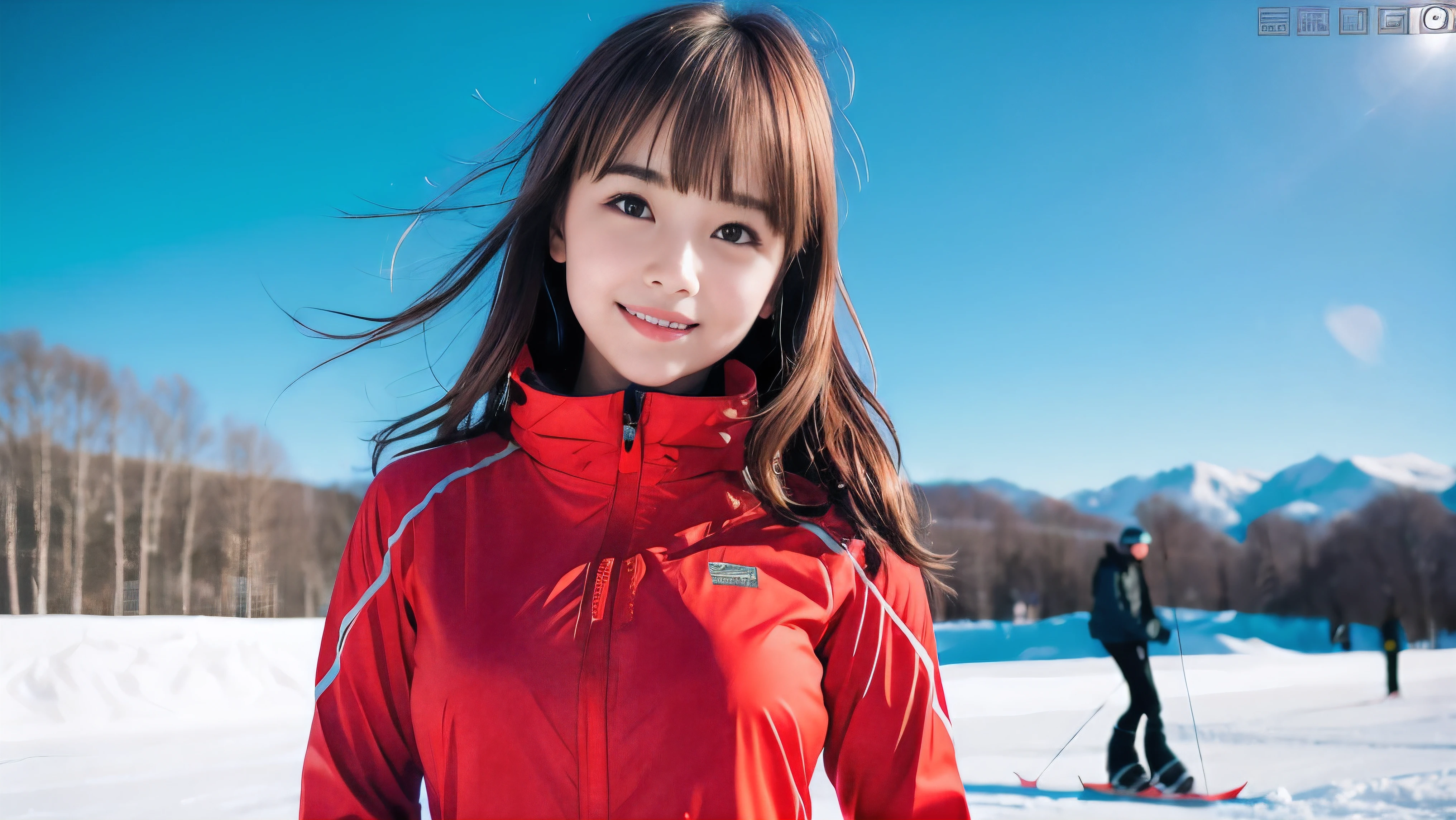 (Face shot of one slender small breasts red brown wavy long hair with dull bangs girl in long sleeve and long pants colorful snow board wear without logo:1.5)、(One girl is looking over there with small smile:1.5)、(Snow Ski Garden:1.5)、(Beautiful sunset red sky 1.5)、(Beautiful blue sky 1.5)、(No mask:1.3)、(blurred background:1.5)、(Natural light:1.5)、(8k ultra detailed master piece:1.5)、(perfect anatomy:1.5)、(Photorealistic stick:1.5)、(Raw photo:1.3)、(highest quality:1.5)、(High resolution:1.3)、(Delicate and beautiful perfect face:1.3)、(Delicate and beautiful eye air skin:1.3)、(Real Human Skin:1.3)、((thin legs))