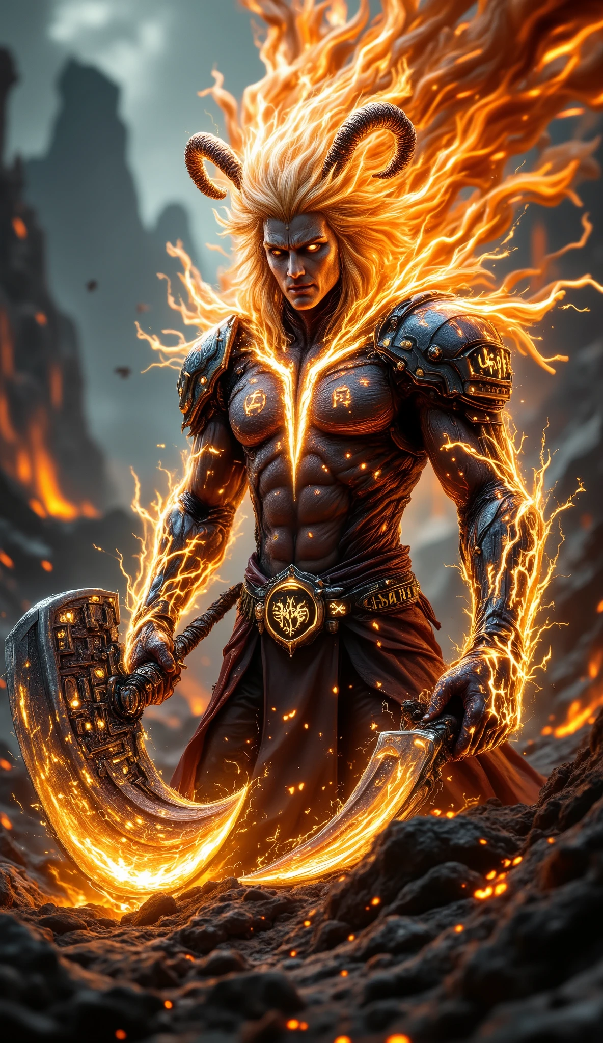 Character Design: An ultra-realistic, titanic fusion of Aries and Lord Rudra, embodying primal chaos and unmatched fury. His muscular frame is adorned with intricate, glowing patterns resembling Aries' constellation. His flaming hair and piercing eyes radiate the wild power of storms, while his ash-smeared skin reflects Rudra’s fierce nature. A celestial crown of ram horns sits atop his head, and his armor, forged from volcanic rock, is adorned with fiery carvings of the Aries symbol.
Primary Weapon: The Thunder Axe, an enormous weapon crackling with lightning, capable of splitting mountains and summoning storms.
Aura and Energy: A fiery cyclone surrounds him, with lightning and smoke billowing in his wake.
Background: A war-torn volcanic battlefield, where rivers of lava and thundering skies intensify his ultra-realistic, god-like presence.