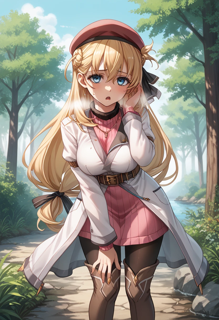 score_9, score_8_up, score_7_up, score_6_up, score_5_up, score_4_up, BREAK source_anime,
1girl, solo, sfw,  Agnes Claudel, blonde hair, long hair, blue eyes, large breasts, hair ribbon, beret, white coat, turtleneck dress, necklace, belt, pink skirt, pantyhose, brown boots, thigh boots,, ((full body shot)), front view, looking at viewer, outdoors, sky, trees, 
racoonsan,, (standing up), ((bending forward)), exhausted, heavy breathing, sweating, wet, moaning, aroused. In peril, mouth open, touching her chest with (((one hand)))