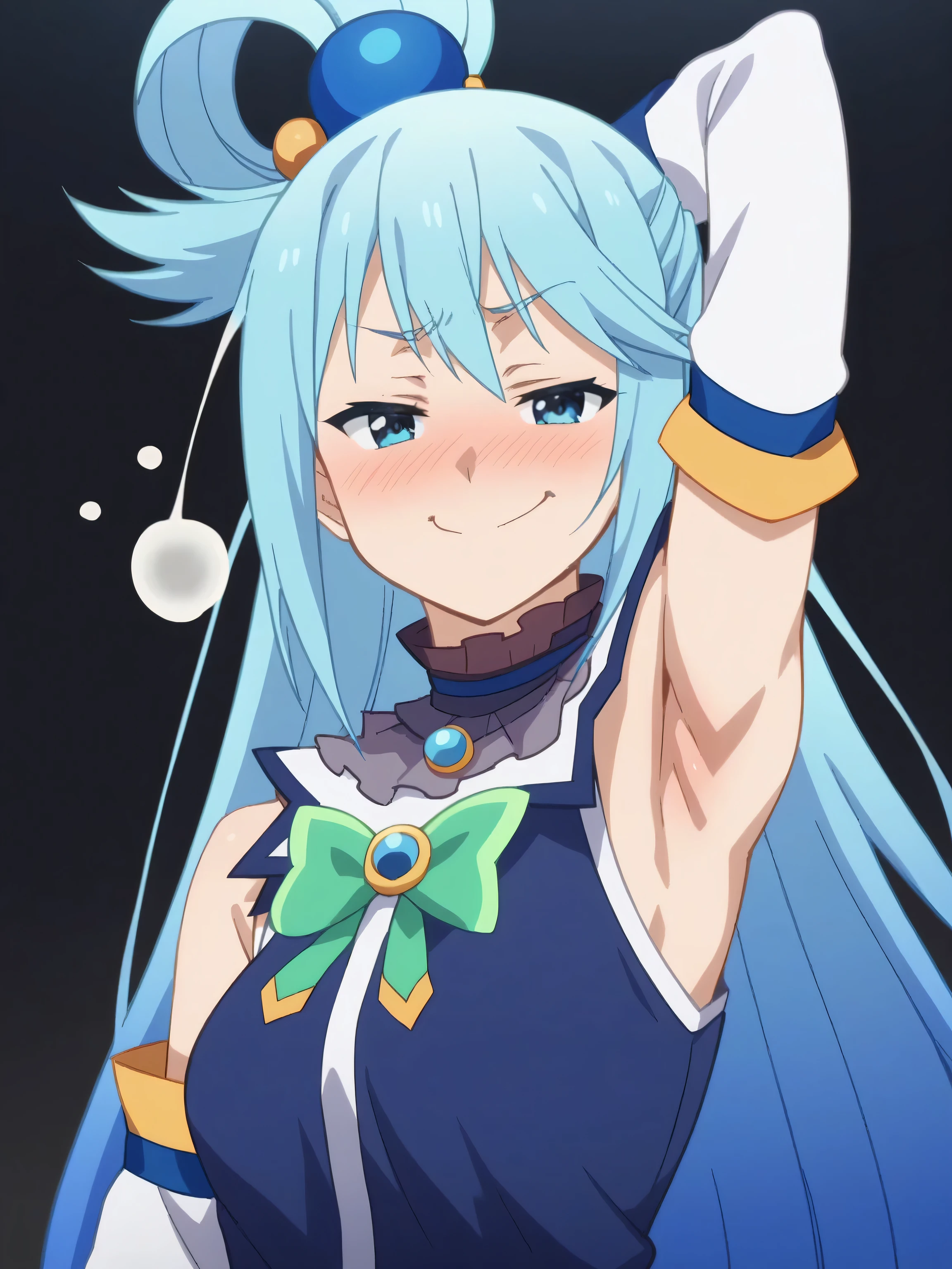 score_9, score_8_up, score_7_up, source_anime, anime screencap, 1girl, solo, aqua \(konosuba\), long hair, blue eyes, hair ornament, very long hair, blue hair, hair rings, single hair ring, hair bobbles, shirt, bare shoulders, detached sleeves, blue shirt, green bow, bare shoulders, arm behind head, armpit, head towards viewer, blush, drunk, smile, smug, closed mouth, badhandv4, black background, from side, from below 