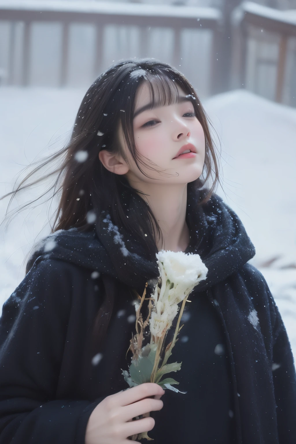 a girl with short hair in a black coat was standing in the snow,look up,the breeze stirred the hair,heavy snow,snowing,depth of field,telephoto lens,messy hair,((close-up)),((sad)),sad and melancholy atmosphere,reference movie love letter,profile,looking up,(face focus),((floating hair)),bangs,eyes focus,half closed-eyes,central composition,from below,