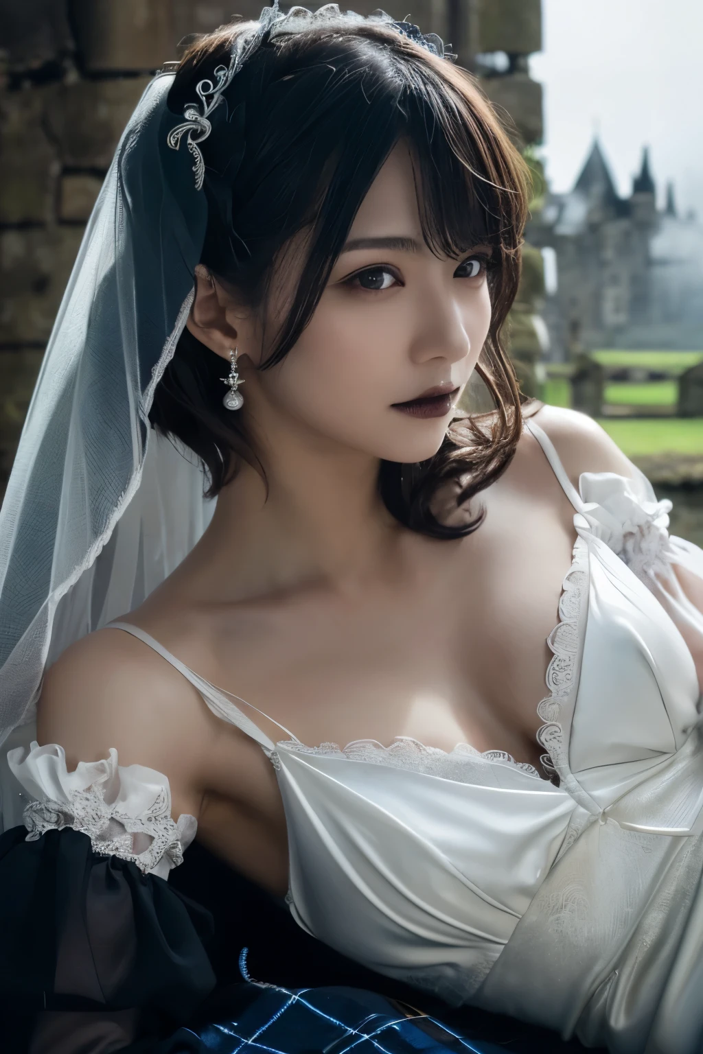1 girl, ( wearing a gothic wedding dress :1.2), (Veil), A very beautiful portrait of a Japanese singer, ( Lying Down ),
( RAW photos, best quality ), ( realistic, realistic:1.4), (masterpiece),
so delicate and beautiful, very detailed on trends, 2k wallpaper, amazing, finely, very detailed on trends CG Unity 8K wallpaper, very detailed on trends, High Resolution , Soft light,
girl with beautiful details wearing a navy blue blouse, very detailed on trends目と顔, beautiful and sophisticated nose , beautiful beautiful eyes under the sun, movie lighting,
( Scottish castles:1.3), ( overcast, monotone dark screen standing in an old Scottish castle :1.3), (Thick Fog),
(Short hair), Perfect Anatomy, slender body, ( small breasts), whole body