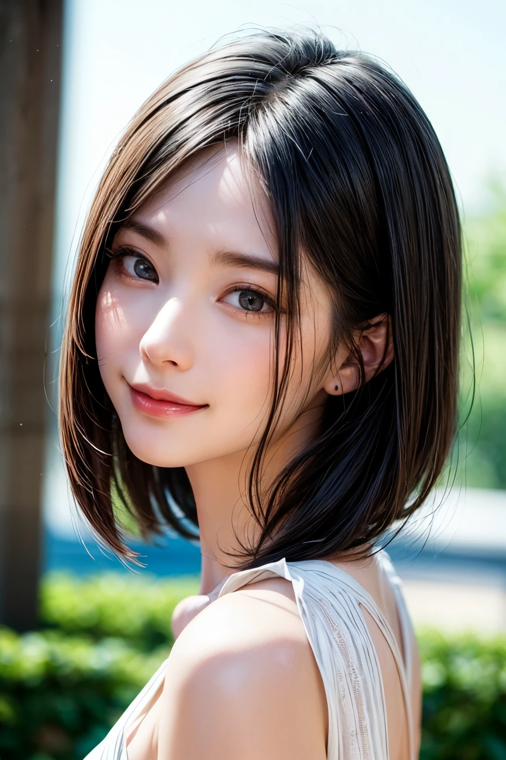 (software:1.8、masterpiece, highest quality),1 girl, alone, hyper Realistic, Realistic,Realistic, Looking at the audience, Light brown eyes:1.4,Brunette Short Bob Hair with highly detailed shiny hair, Brightly colored winter clothes, Lepangas:1.4), Outdoor, Mouth closed, Upper Body、big chest eye、eyelash、{Huge|big chest|Huge|Mega} whole :2, Chest cleavage:2、(((big chest eye、Short Bob Hair、Highlights from Students、Looking at the audience、She is very beautiful and cute、Show me your ears、Long neck、smile、Close your mouth and smile、bangsとBeautiful Teeth)))、Ideal body type、beautiful long neck:1.4、(({Huge|big|Huge|Mega} chest, Chest cleavage:2、Upper Bodyは服を着ていない:1.6))、(((Portraiture:2)))、Perfect Anatomy、(Tabletop, highest quality、Very attractive adult beauty、Add strong highlights to the eyes、Look closely at the camera:1.4、A beautiful woman with mature charm、Ideal body type、Perfect Anatomy、Short Brunette Bob、Shiny black hair、Lip gloss),One Girl, alone,Shiny black short hair、Shiny Hair、Realistic, Looking at the audience、Please tilt your head a little, Bright colored crystal light blue eyes, 短いShiny Hair、(White clothing with a hole in the center of the chest:1.8,Sexy knit sweater with a round hole in the middle of the chest:1.8)、 lips, Lip gloss,bangs, Upper Body、Big eyes、eyelash、Face is a little red、Embarrassing)、(((blue sky background with so beautiful sky and so beautiful clouds:2)))、((bangsありShort Bob Hair、Big eyes、Give students a very strong highlight、{Huge|big|Huge|Mega} chest:1.8、Chest cleavage:2、Gazing at the audience、so beautiful, Attractive and stunning beauty、Show me your beautiful ears、beautiful long neck、Laugh a little、Beautiful Teeth、smile))、28 years old、((bangs、short beautiful black hair、Very cute supermodel、Dutch Angle Shot、elevation))