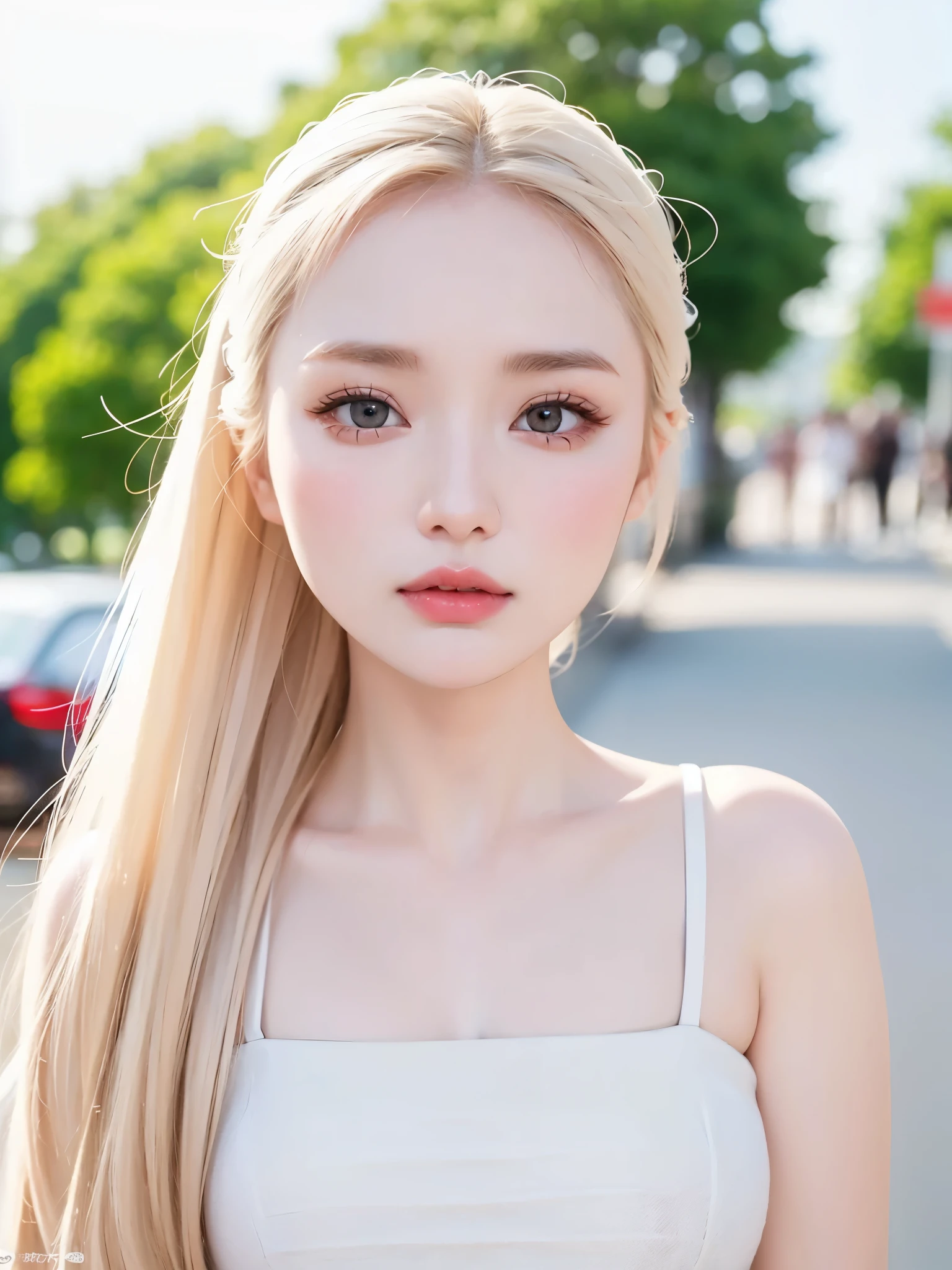 Instagrammer、Trendy fashion sense 、Model woman, pale white skin like porcelain , focus on face , soft portrait shot 8K , pale young girl, white skin like porcelain , , pale milk-colored porcelain skin , K-pop karina style 、Around town、portrait、Urzan