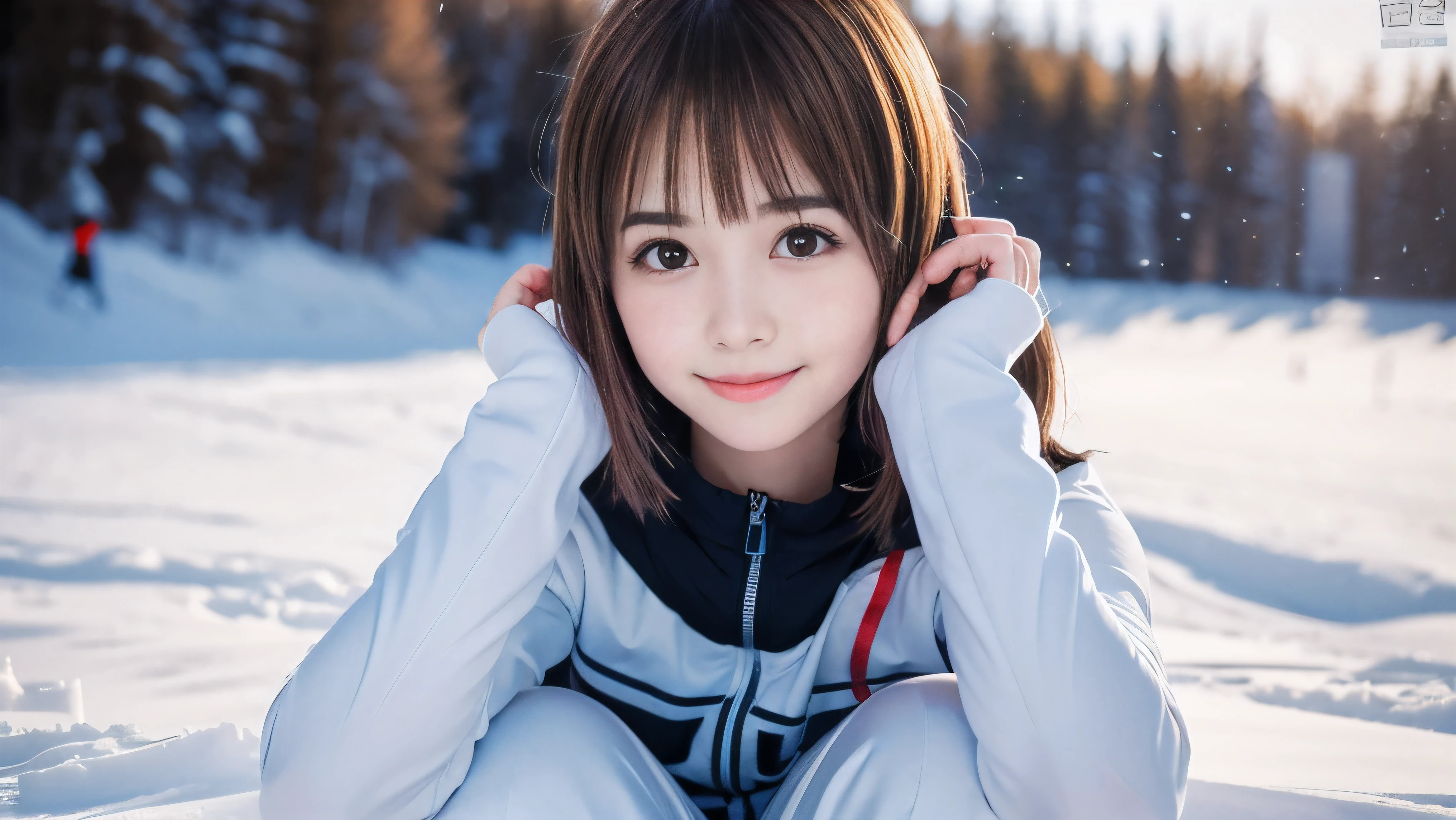 (Face shot of one slender small breasts round face brown short hair with bangs girl in long sleeve and long pants colorful snow board wear without logo:1.5)、(One girl is looking over there with small smile:1.5)、(Snow Ski Garden:1.5)、(Beautiful sunset red sky 1.5)、(blurred background:1.5)、(Natural light:1.5)、(8k ultra detailed master piece:1.5)、(perfect anatomy:1.5)、(Photorealistic stick:1.5)、(Raw photo:1.3)、(highest quality:1.5)、(High resolution:1.3)、(Delicate and beautiful perfect face:1.3)、(Delicate and beautiful eye air skin:1.3)、(Real Human Skin:1.3)、((thin legs))