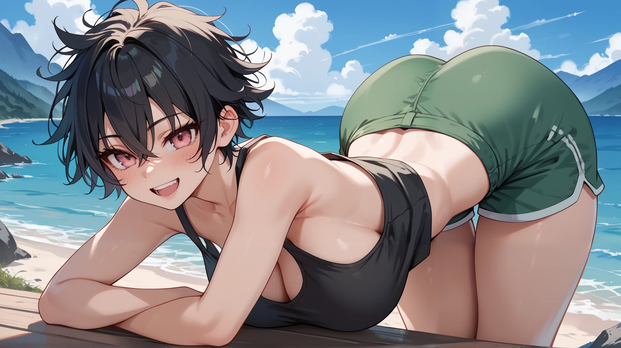  masterpiece, Mountainous Regions,   desert, Black Hair,  blunt bangs, short hair, Ahoge, blue eyes, ((((white bikini armor)))), 1boy, open mouth, spread legs, front, abs, front,  arms behind head, (((Small breasts))), (((glaring))), fang, ((grin)), ((scared))