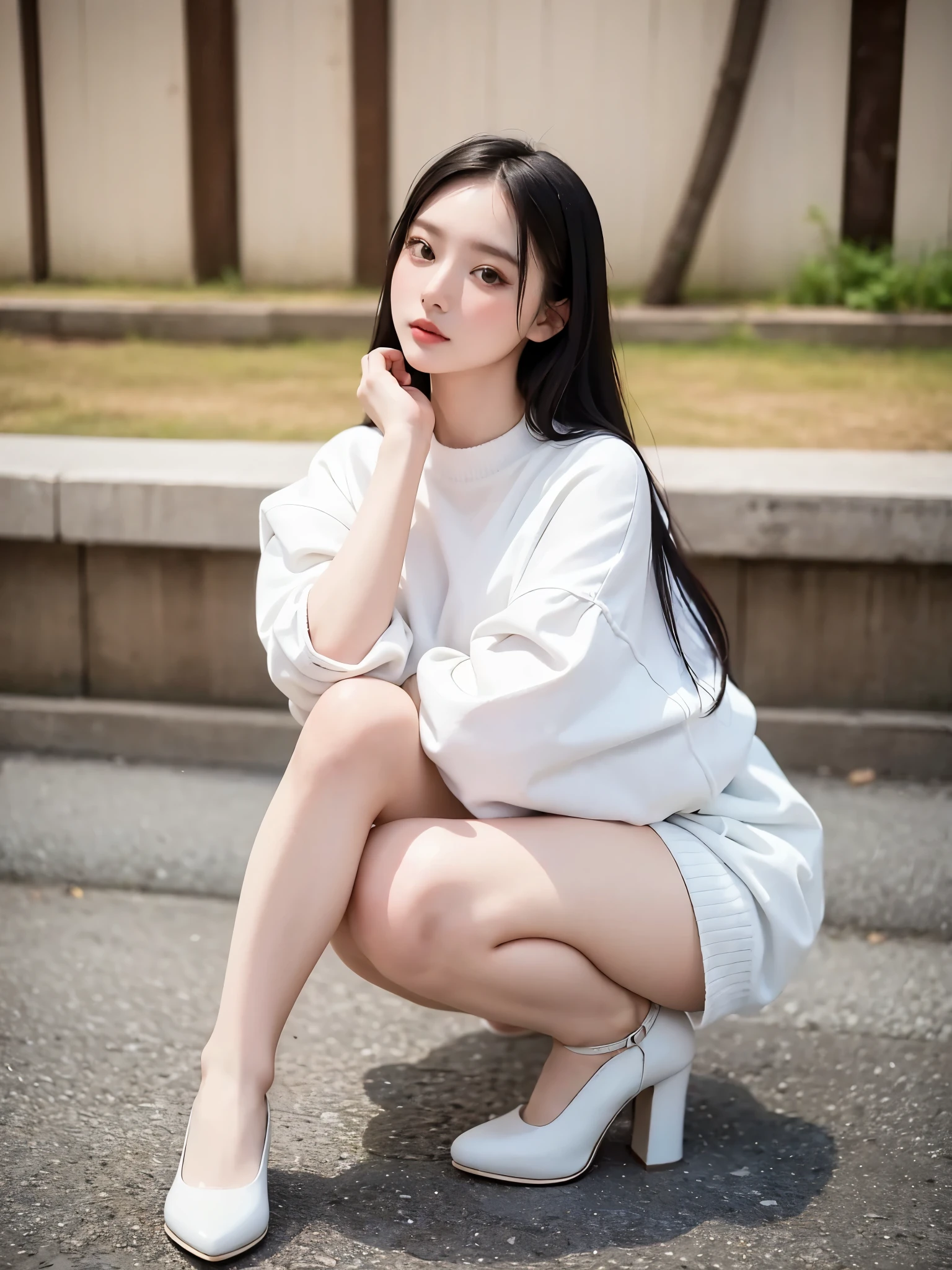 Instagrammer、Trendy fashion sense 、Model woman, full body shot、Human skin thighs、 soft portrait shot 8K , pale young girl, white skin like porcelain , , pale milk-colored porcelain skin , K-pop karina style 、Around town、portrait、Urzan