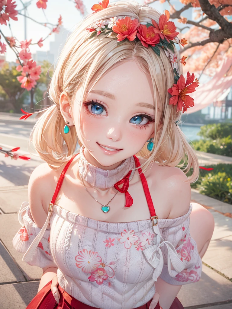 absurderes, ultra-detailliert,bright colour, extremely beautiful detailed anime face and eyes, view straight on, ;D, shiny_skin,25 years old, Short hair, (Forehead:1.3), Blonde hair with short twin tails, Shiny hair, Delicate beautiful face, red blush、(cyan eyes:1.2), White skin, hair clips, earrings, a necklace, (Red High Neck Knit:1.5),(Happy smile:1.4),(Floral long skirt:1.3),Beautiful cloud,(Pink pumps),Dusk sky,(Lots of Higanbana:1.5),Full body