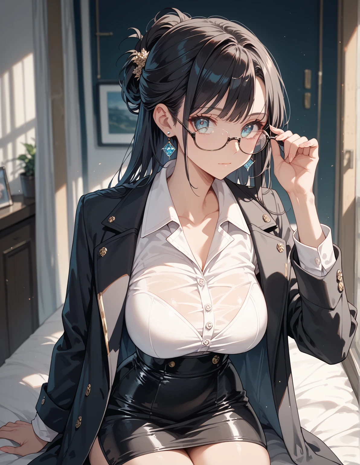 NSFW、1人の女性、brown haired(Curta)、Brown eyes、Black-rimmed glasses、 Best Quality、ultra-detailliert、8K resolution、Raw photo、masutepiece、seductive boobs、gorgeous faces、Perfect body、Pretend Dresses、a smile