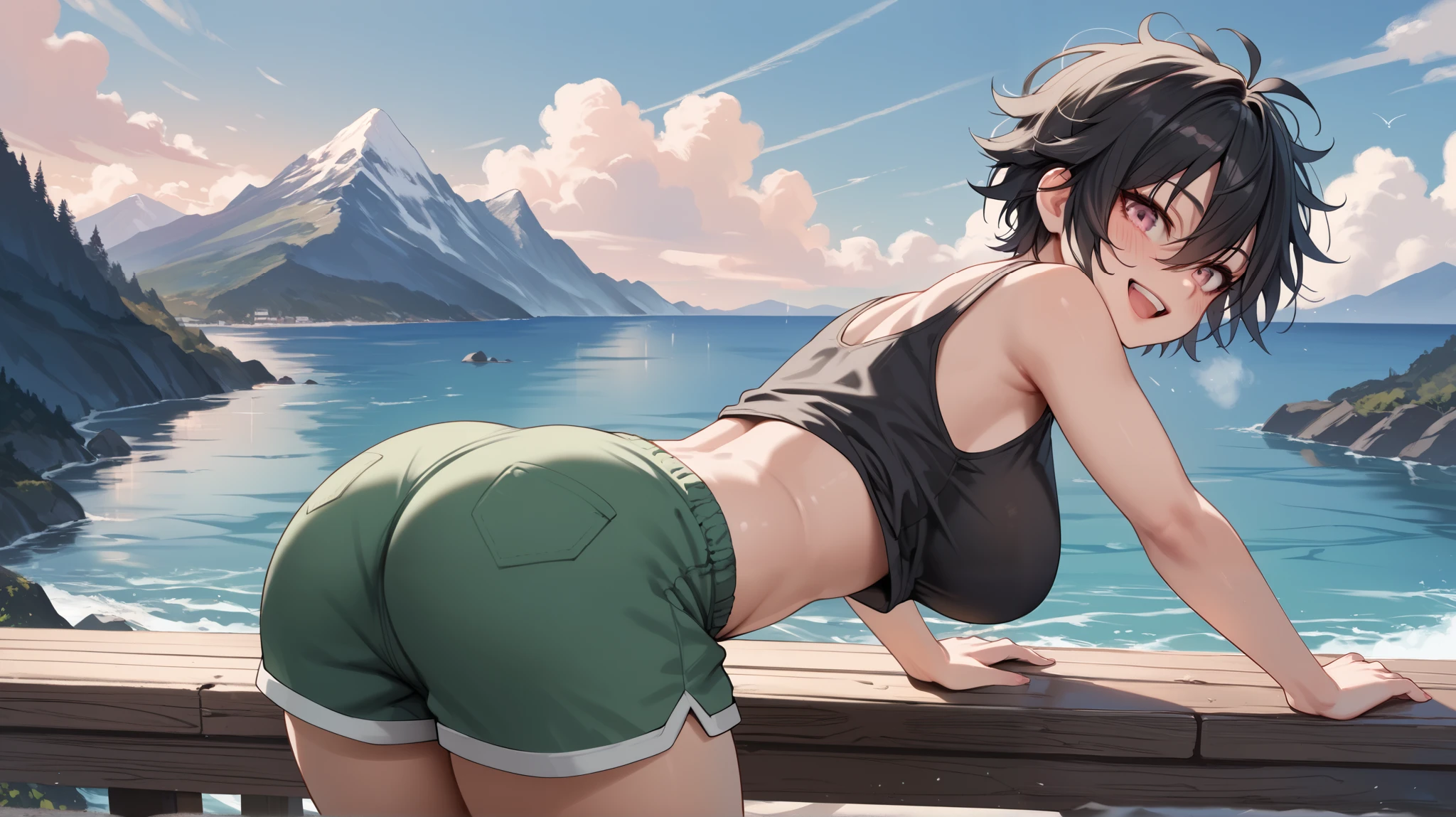 score_9_up, score_8_up, score_7_up, 1girl, solo, source_anime, tomboy BREAK
Short hair, messy hair, black hair, pink eyes, large breasts, hair between eyes, hips BREAK
Black tank top, , green shorts BREAK
Open mouth, blush, smile, closed mouth, teeth, from behind, looking back, big butt, bent over, standing, outdoors, mountains, ocean side, forest, cloudy sky BREAK
