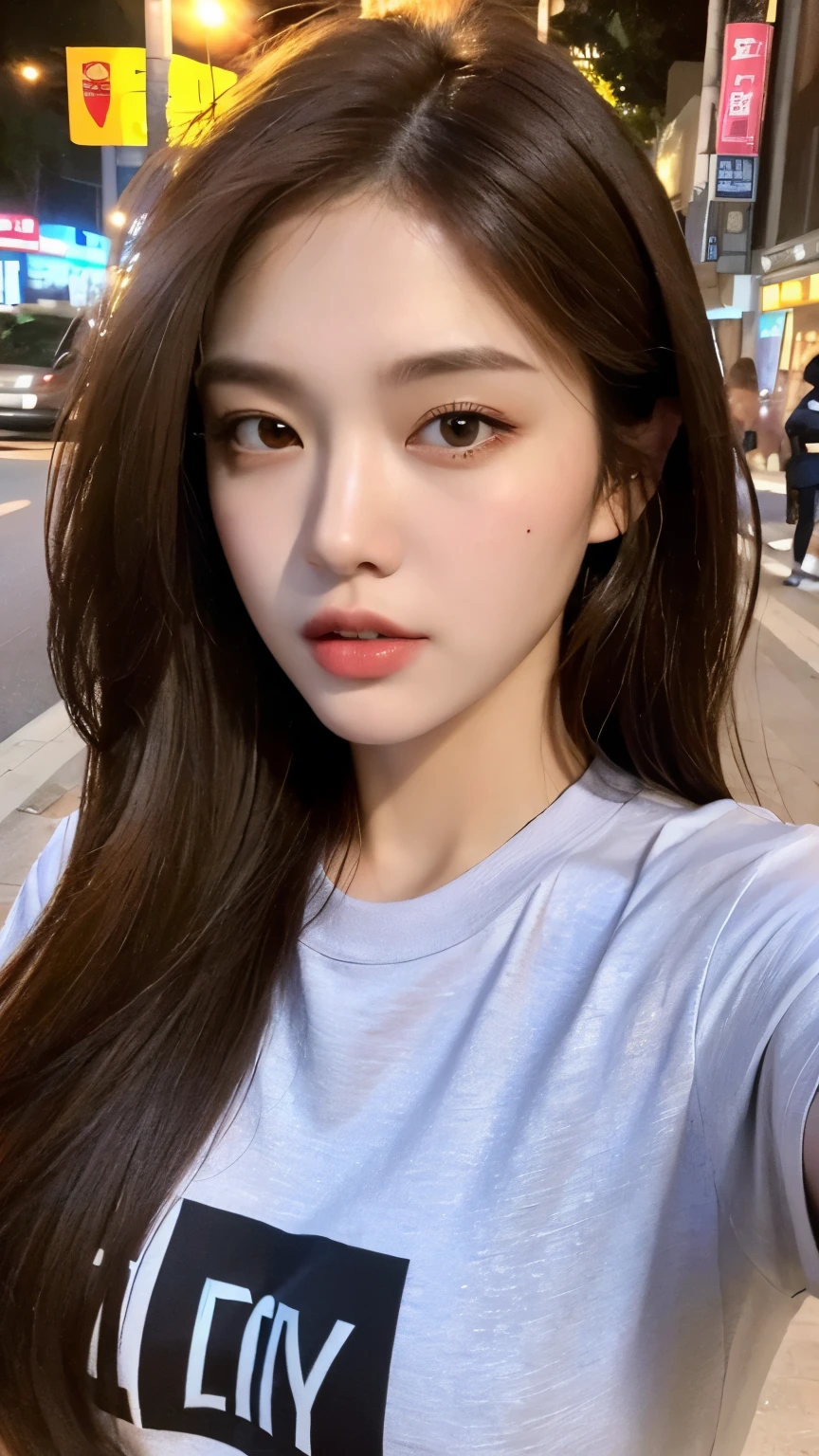 ((Midnight, Best quality, 8k, Masterpiece :1.3)), Whole body, Long legs, Sharp focus :1.2, A pretty woman with perfect figure :1.4, Slender abs :1.1, ((Dark brown hair,Gigantic breasts :1.2)), (White tight tshirt, Jean bib, Standing:1.2), ((Night city view, Rooftop:1.3)), Highly detailed face and skin texture, Detailed eyes, Double eyelid