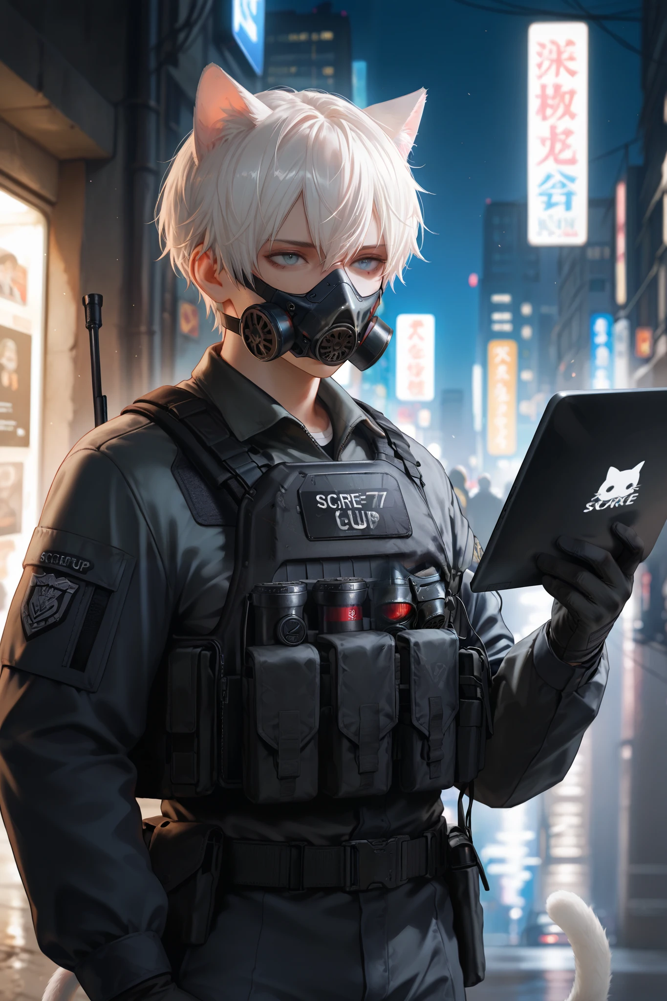 masterpiece, best quality, detailed eyes, semi realistic, 8k, man, tactical, black military suit, wearing black half gas mask, holding black laptop, night Urban warfare, strict face, short white hair, deep blue eye, white cat ears, white cat tail, solo character
